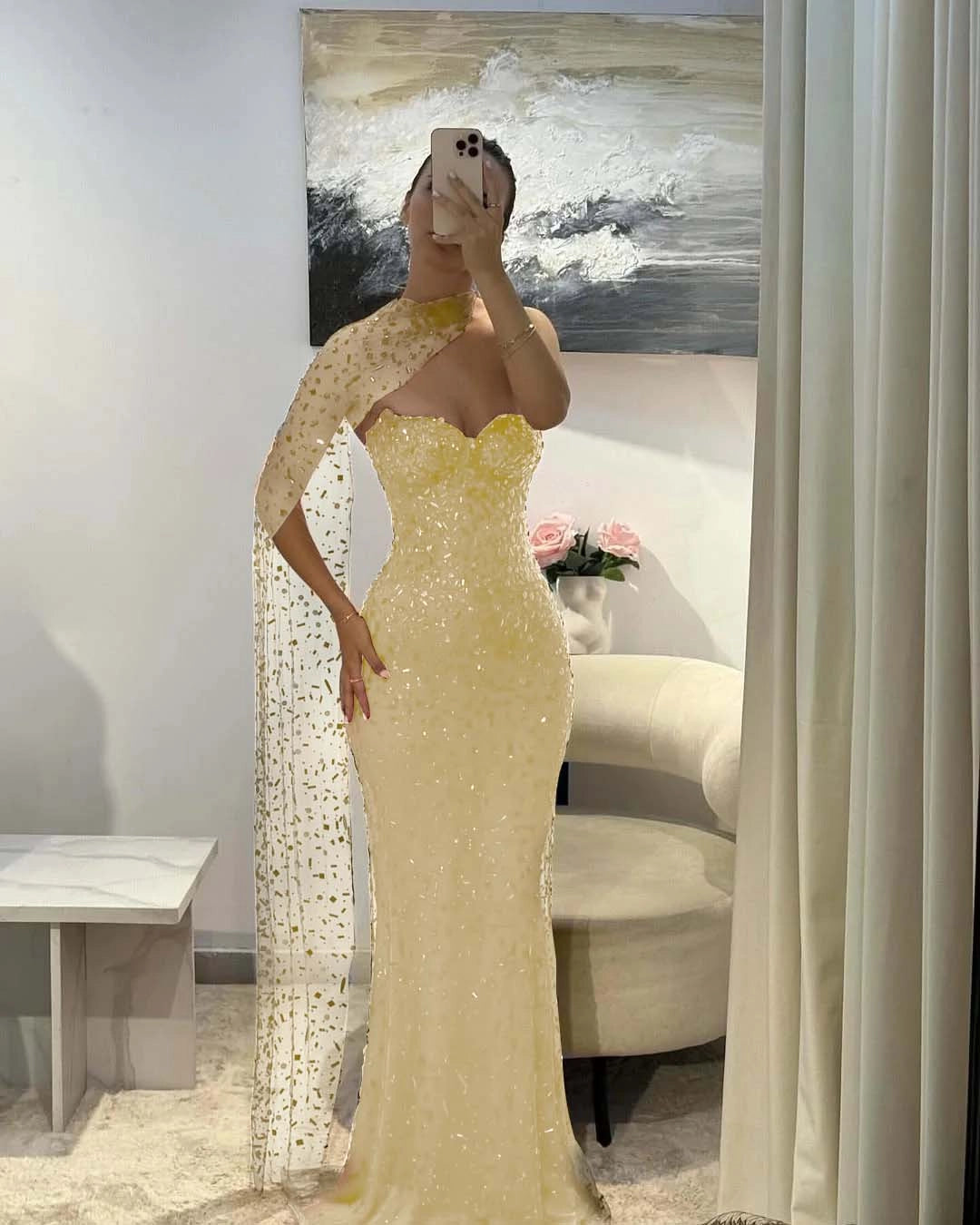 Sparkly Mermaid Sweetheart One‑Sleeve Open‑Back Long Prom Dress