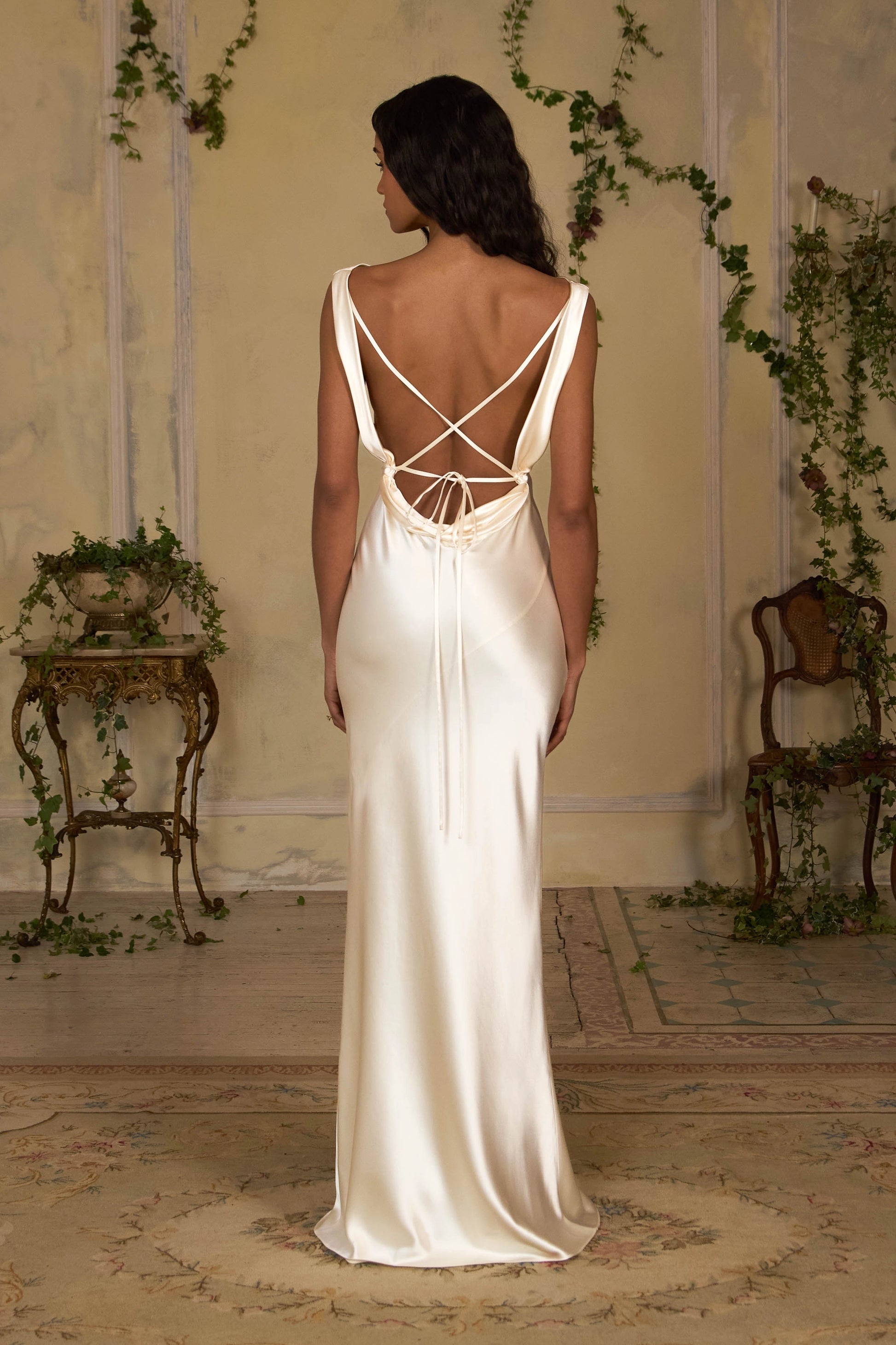 Ivory Satin Sheath Cowl Neck Sleeveless Tie‑Up Open‑Back Floor‑Length Prom Dress