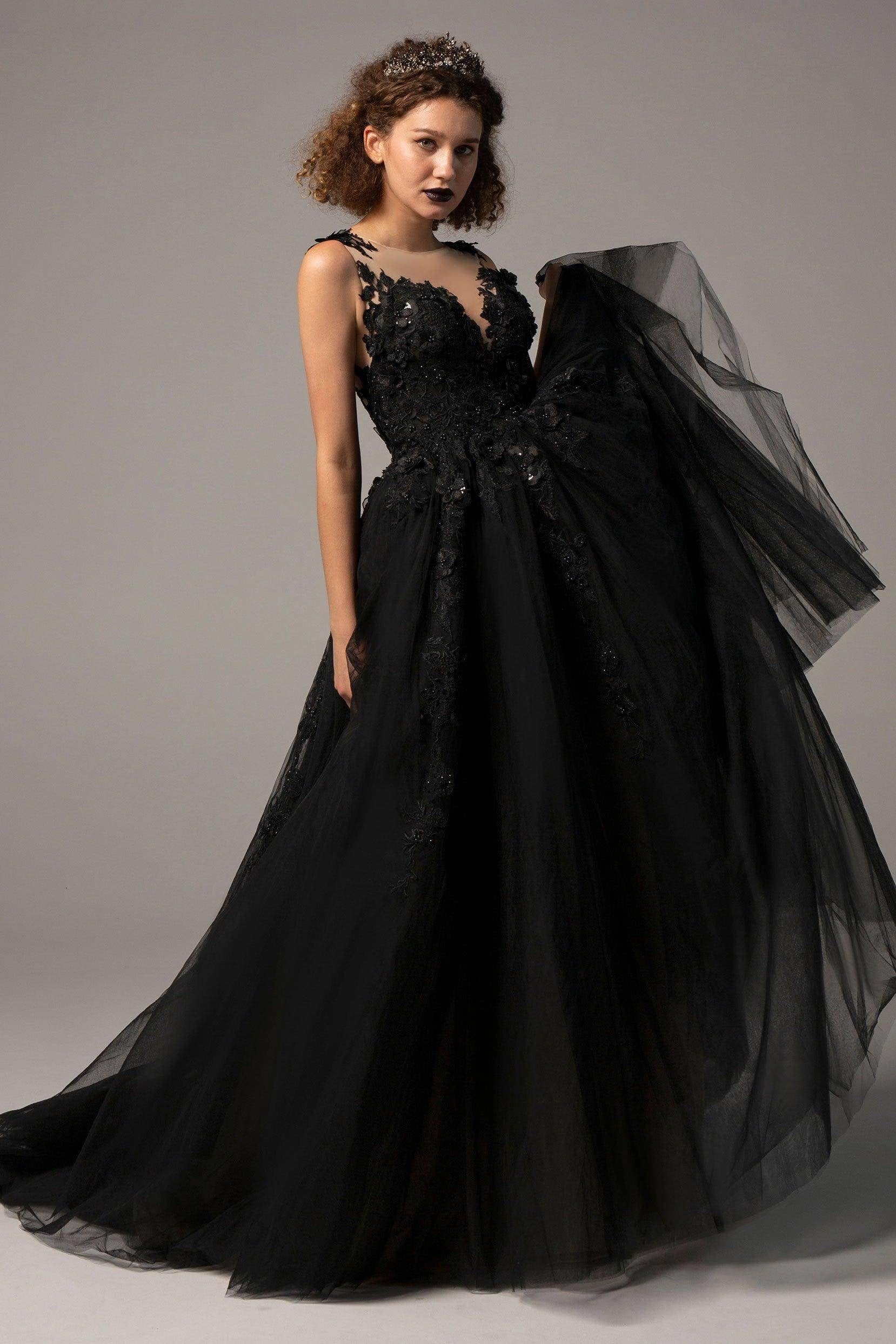Vedress Black 3D Floral Illusion Low Back Gothic Ballgown Wedding Dress