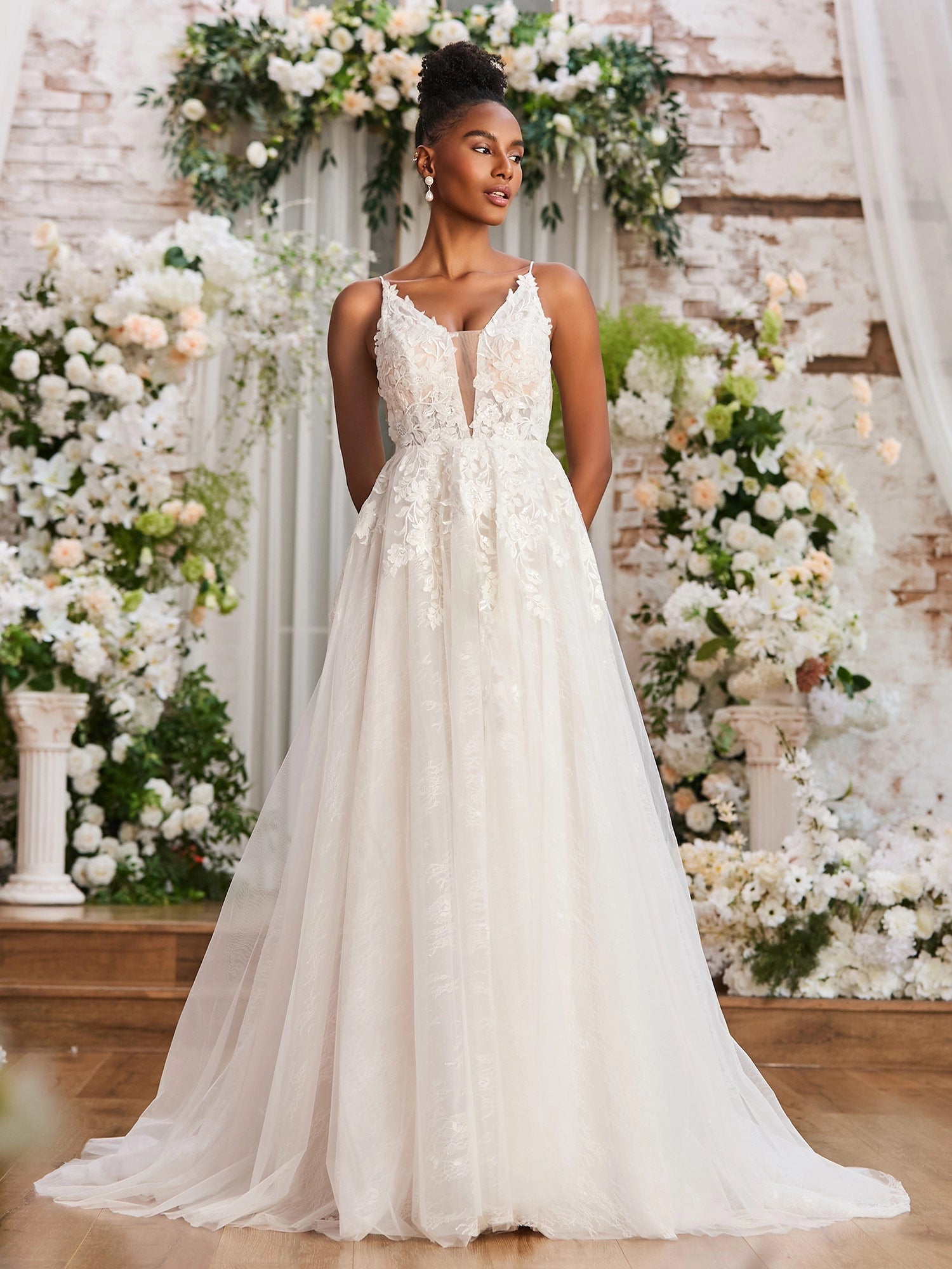 Romantic A-Line Deep V Spaghetti Strap Low Back Train Wedding Dress