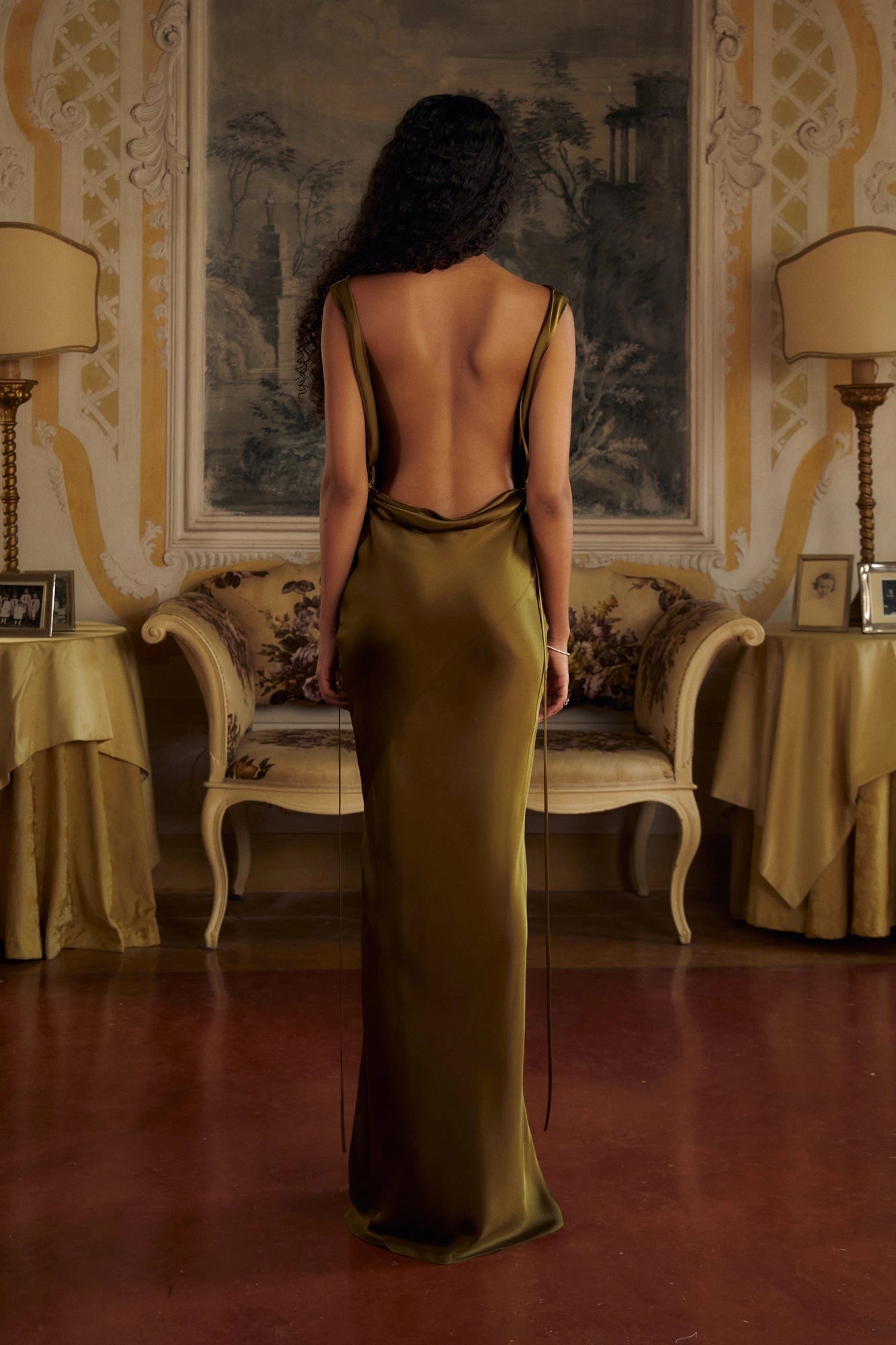 Back view of Vedress draped low‑back thin‑tie satin long prom dress
