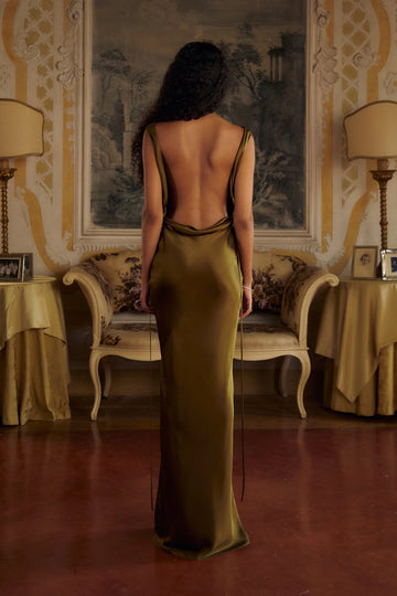 Back view of Vedress draped low‑back thin‑tie satin long prom dress