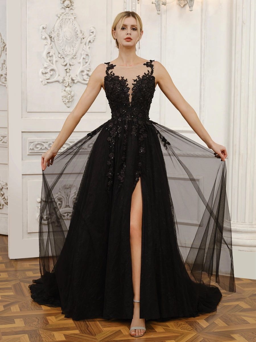 Stunning A Line Illusion Sleeveless Low Back Court Train Wedding Dress