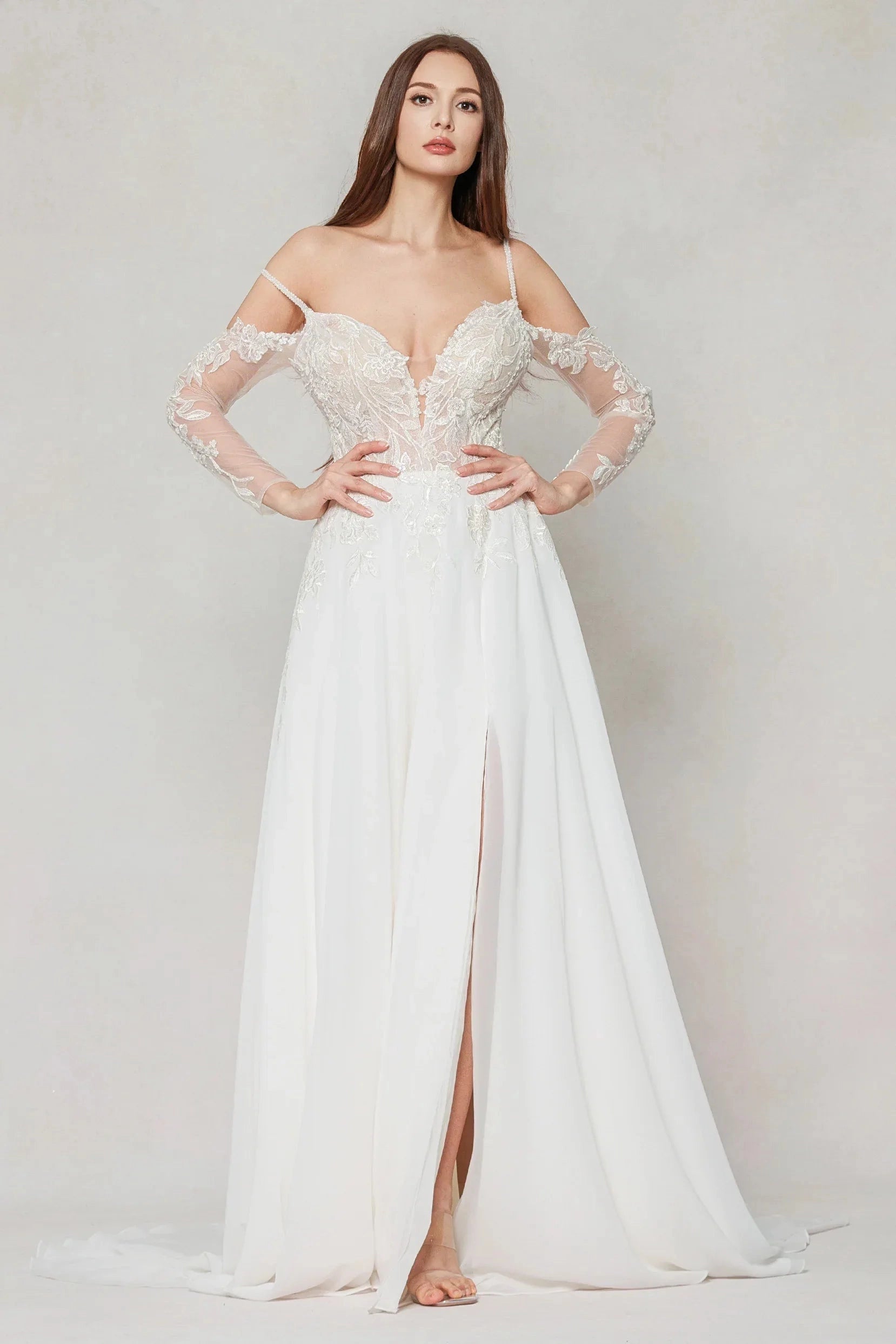 Romantic A-Line Deep V Spaghetti Strap Long Sleeve Low Back Court Train Bridal Wedding Dress