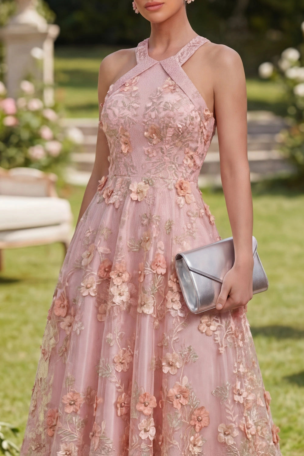 Elegant A-Line Halter Sleeveless Crisscross Back Maxi Wedding Guest Dress