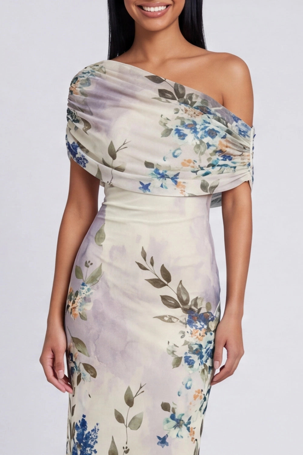 Elegant Sheath Asymmetric One Shoulder Draped Back Zip Midi Wedding Guest Dress