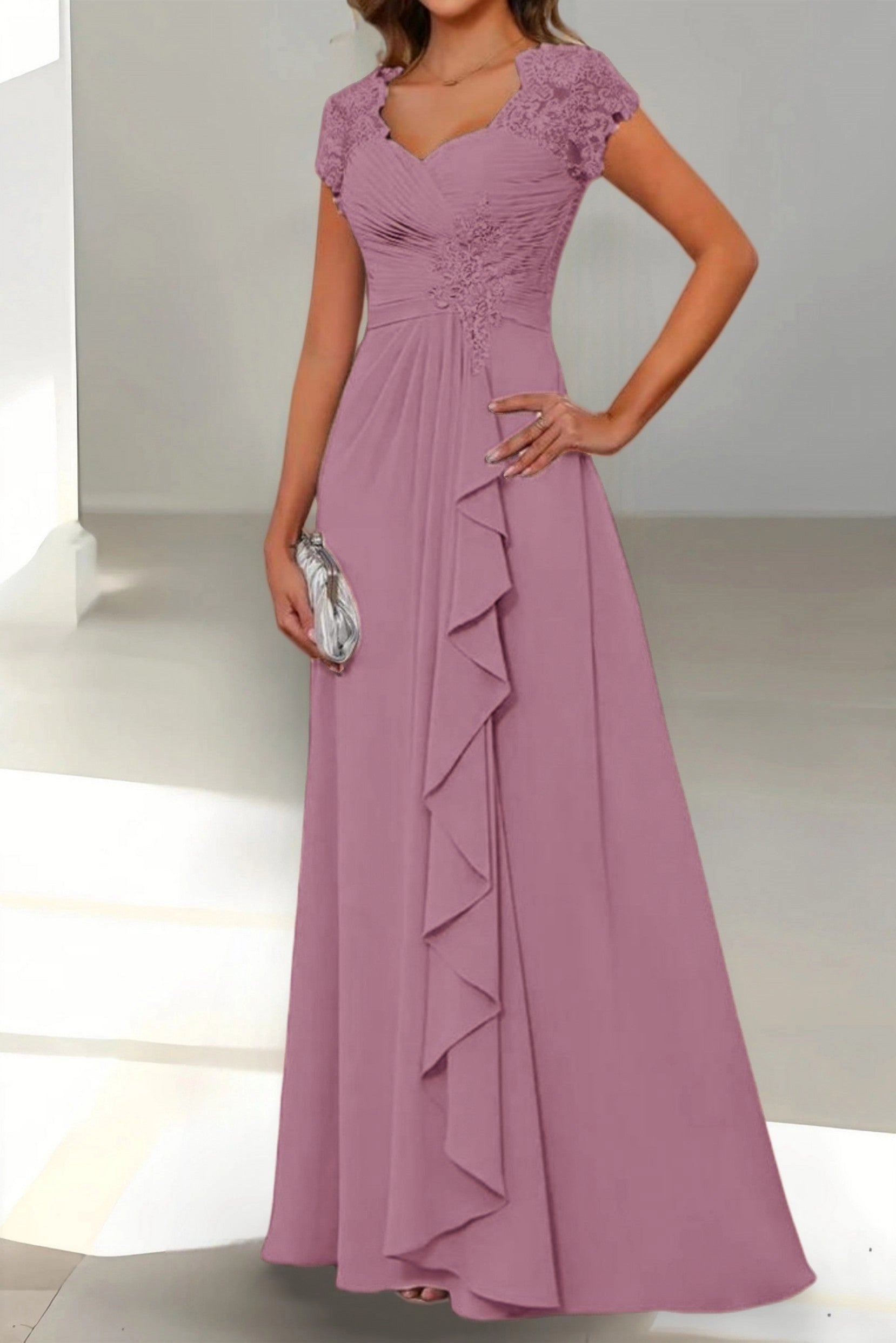 Elegant A-Line Sweetheart Cap Sleeve Zip Back Floor Length Mother Of The Bride Dress