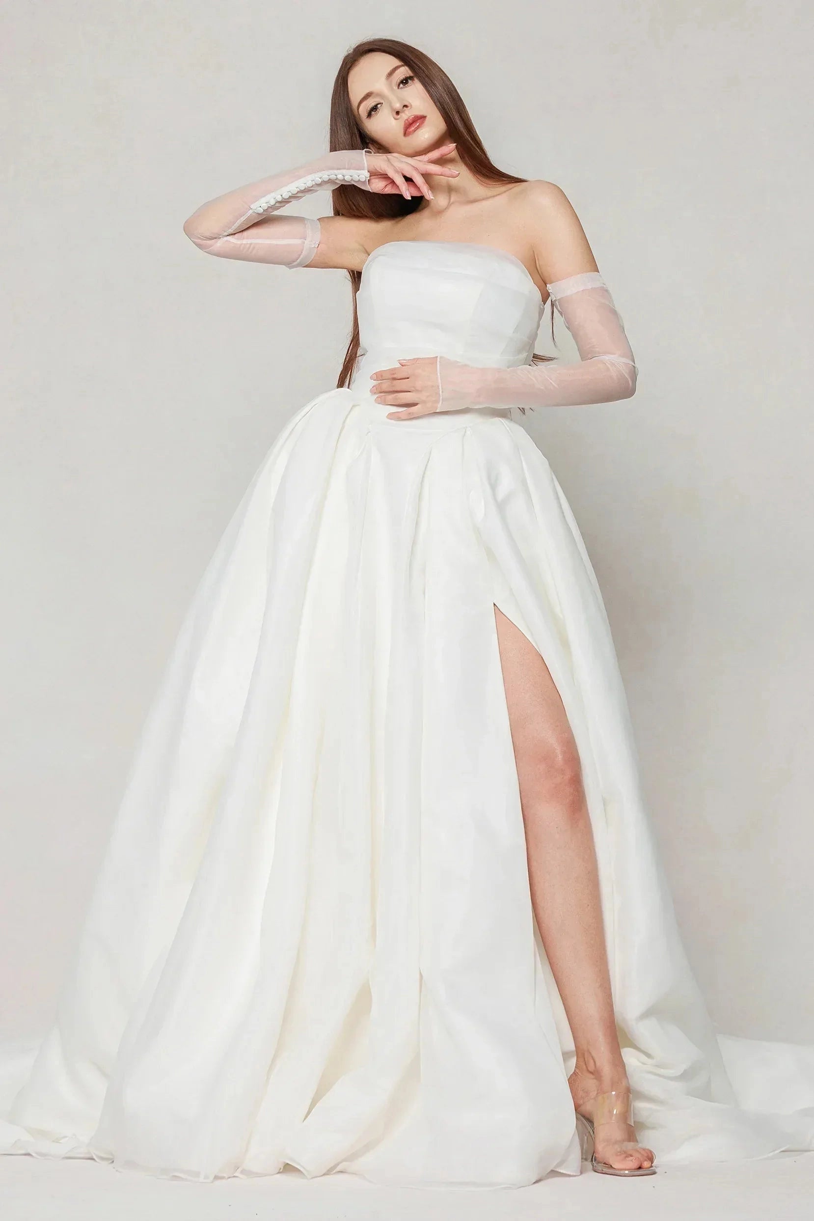 Elegant Ballgown Strapless Detachable Long Sleeve Plain Back Cathedral Train Bridal Wedding Dress