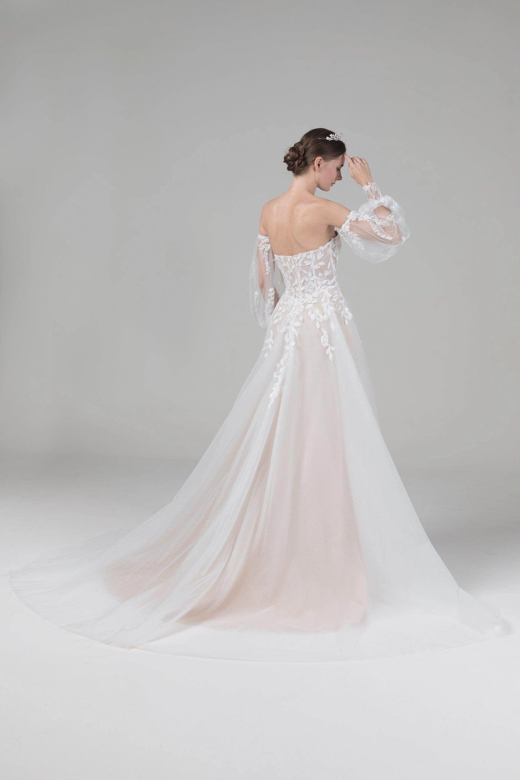 Soft Romantic A-Line Off Shoulder Puff Sleeve Lace Back Chapel Train Bridal Wedding Dress