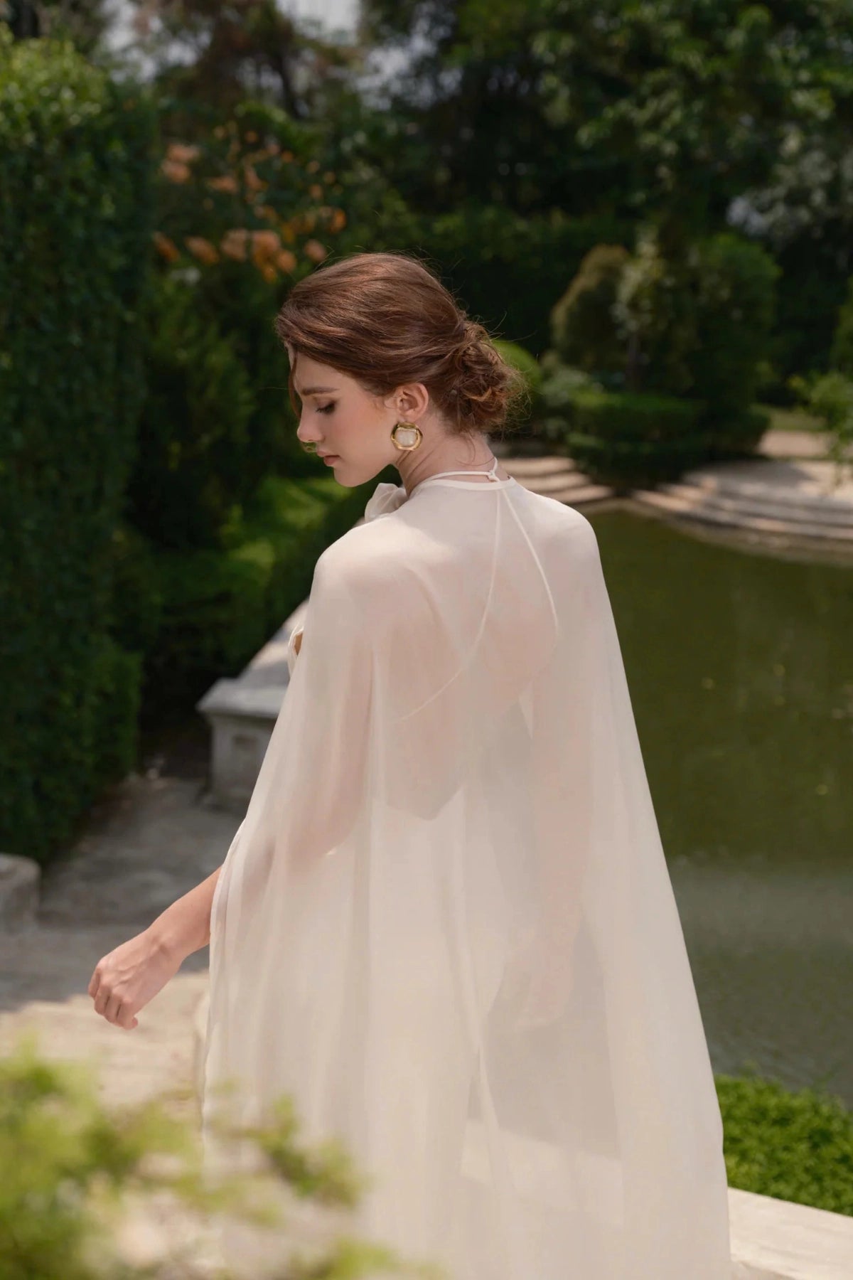 Elegant Mermaid High Neck Cape Sleeves Closed Back Floor Length Wedding Gown