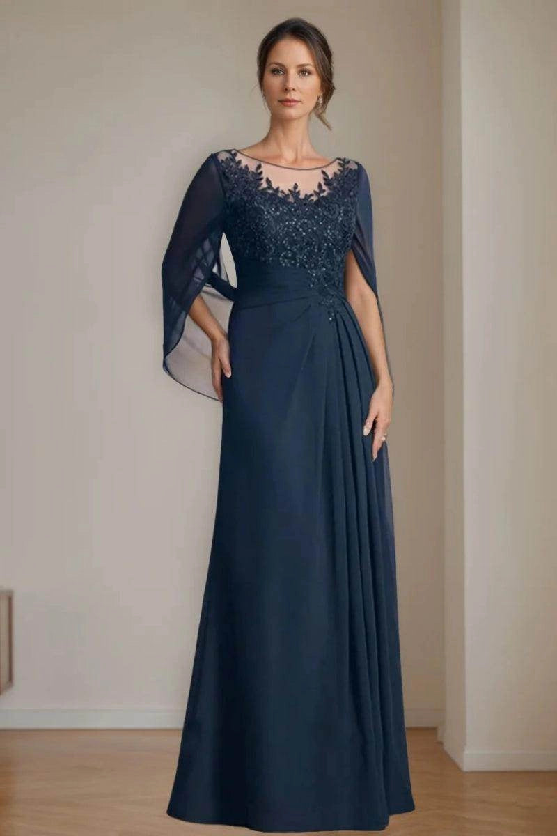 Vedress navy chiffon floor length mother of the bride dress bateau illusion cape sleeve beaded lace gown for church wedding Ascot race day