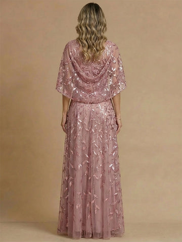 Cowl draped back dusty pink embroidered tulle cape sleeve formal evening gown