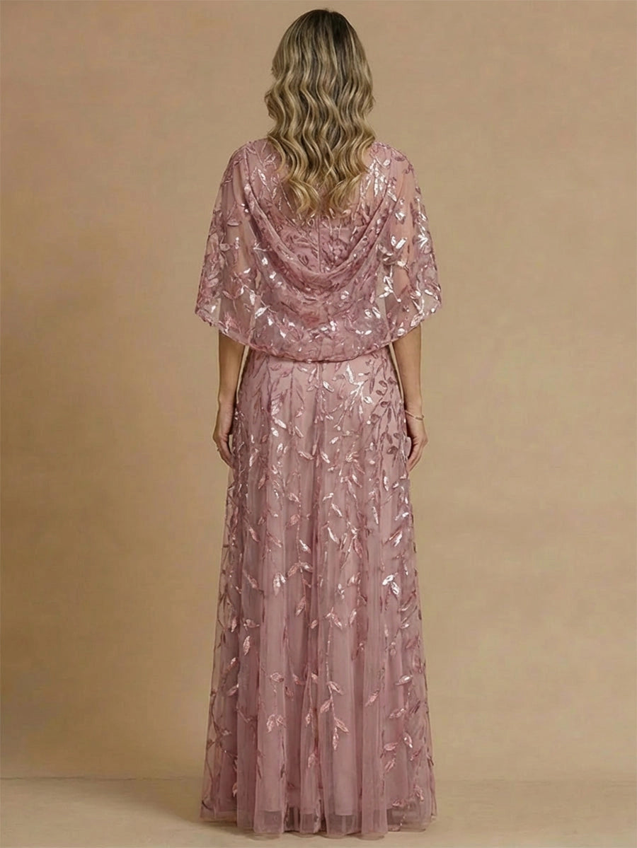 Cowl draped back dusty pink embroidered tulle cape sleeve formal evening gown