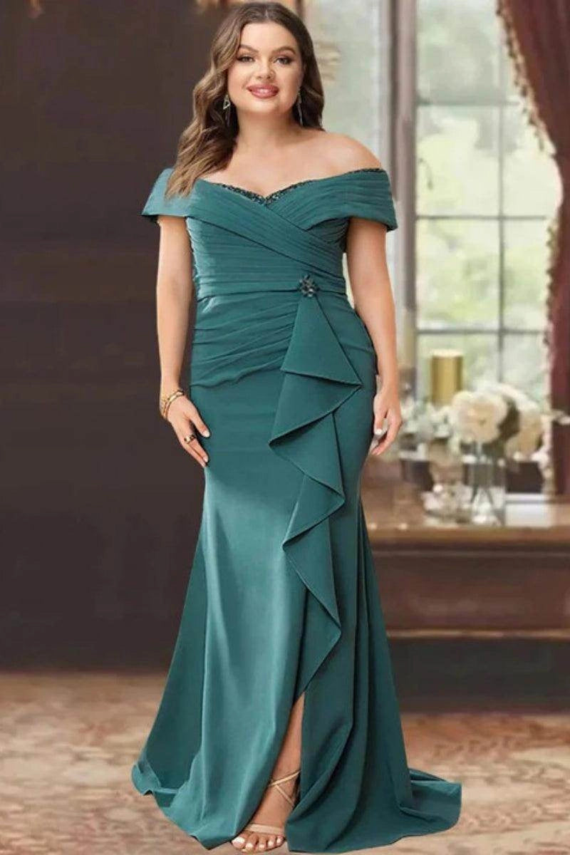 Chic Mermaid Off Shoulder Zip Back Slit Floor Length Mother Of The Bride Dress