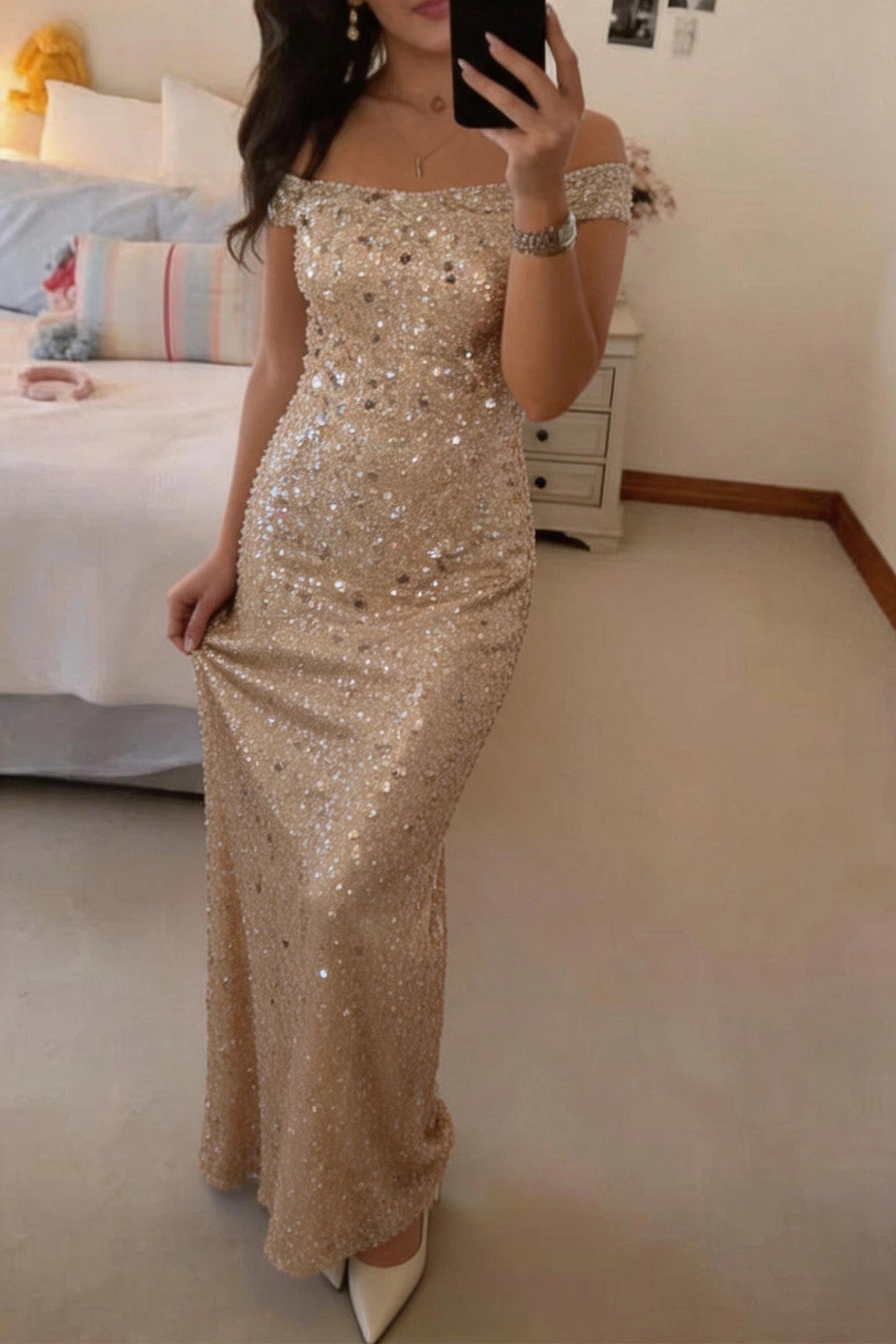 Glam Mermaid Off Shoulder Zip Back Beaded Floor Length Mother Of The Bride Dress
