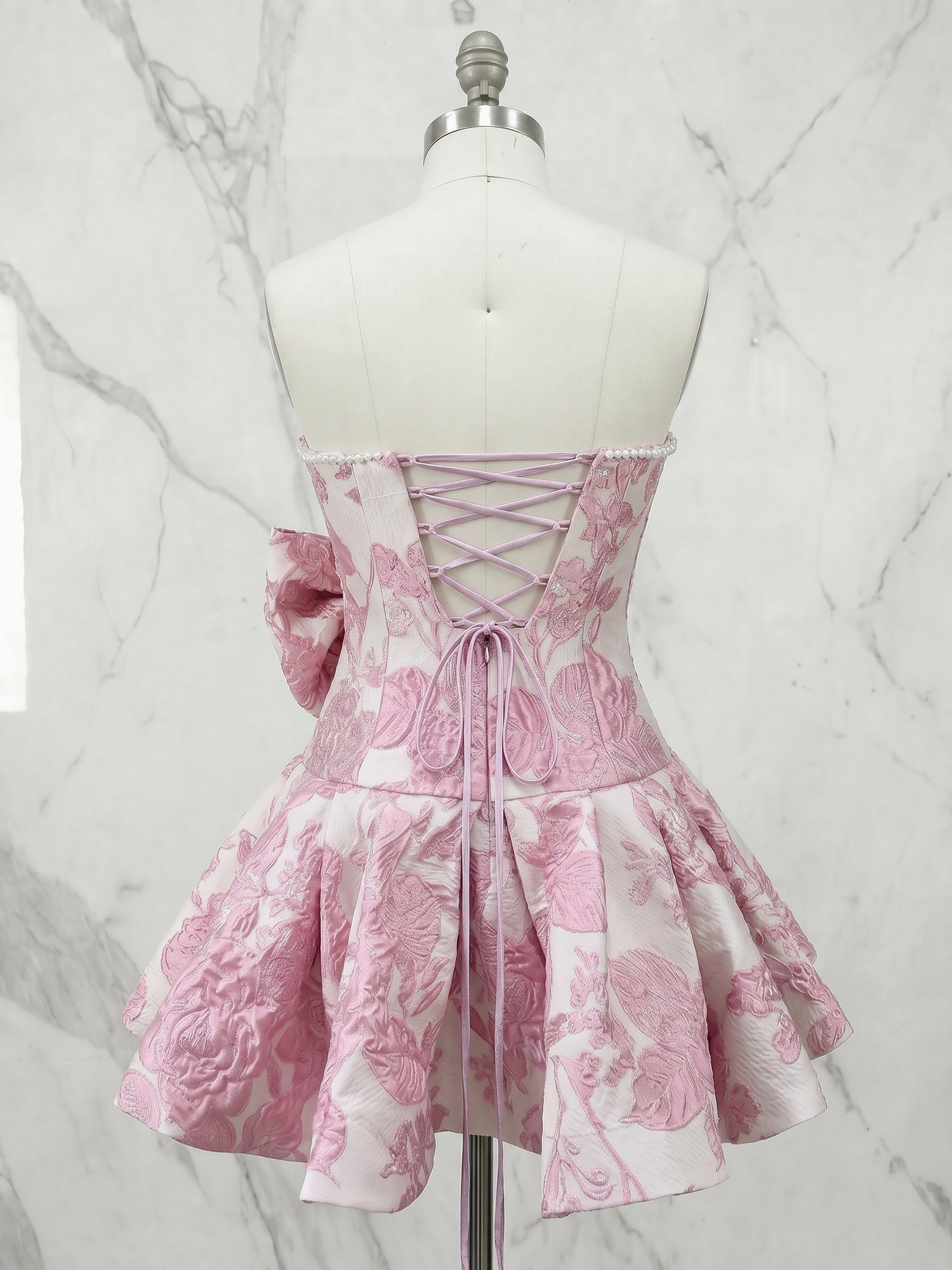 Metallic Floral A-Line Strapless Pearl Trim Boned Corset Side Bow Swing Mini Homecoming Dress