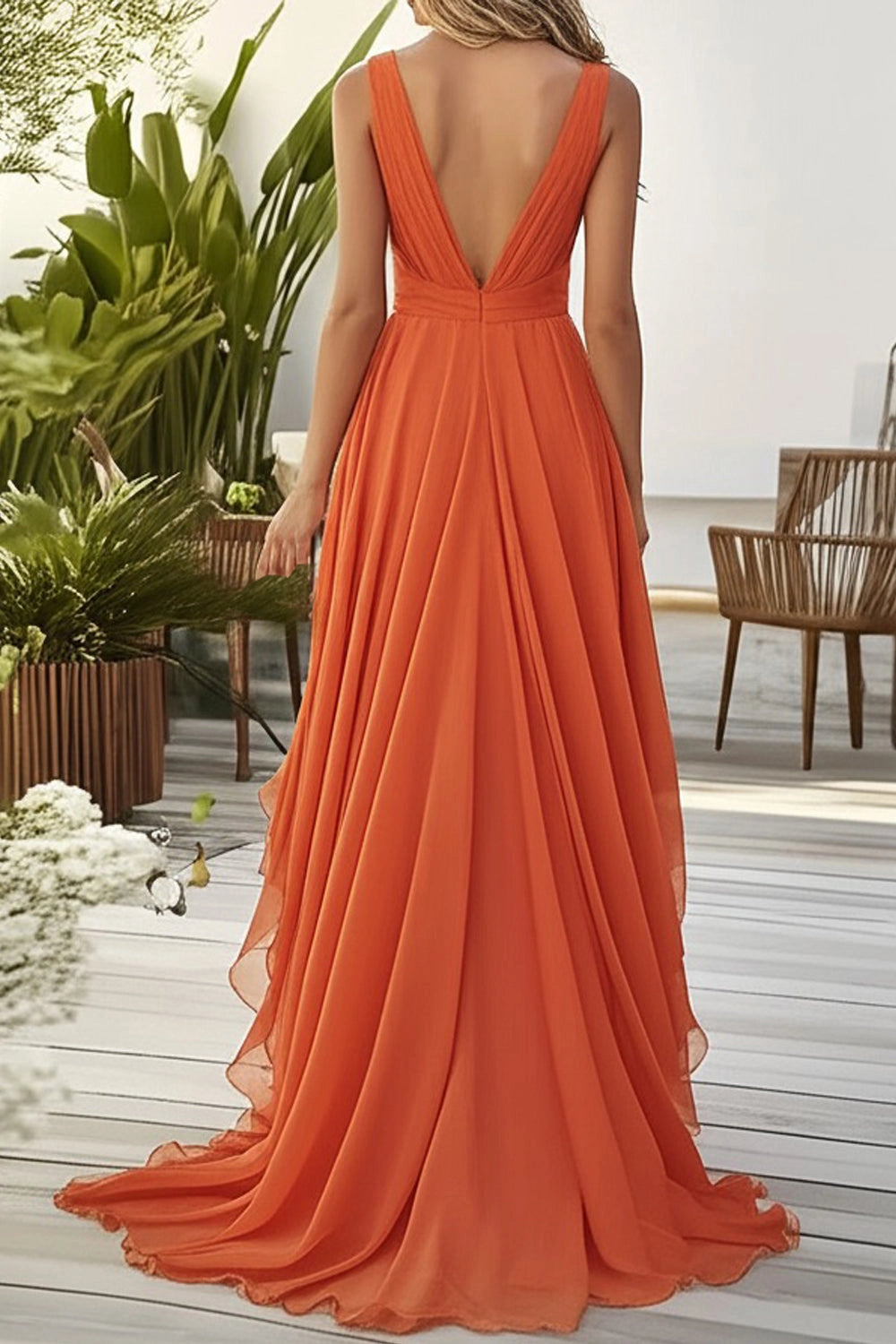 Vedress sleeveless deep v open back zip chiffon bridesmaid gown back view
