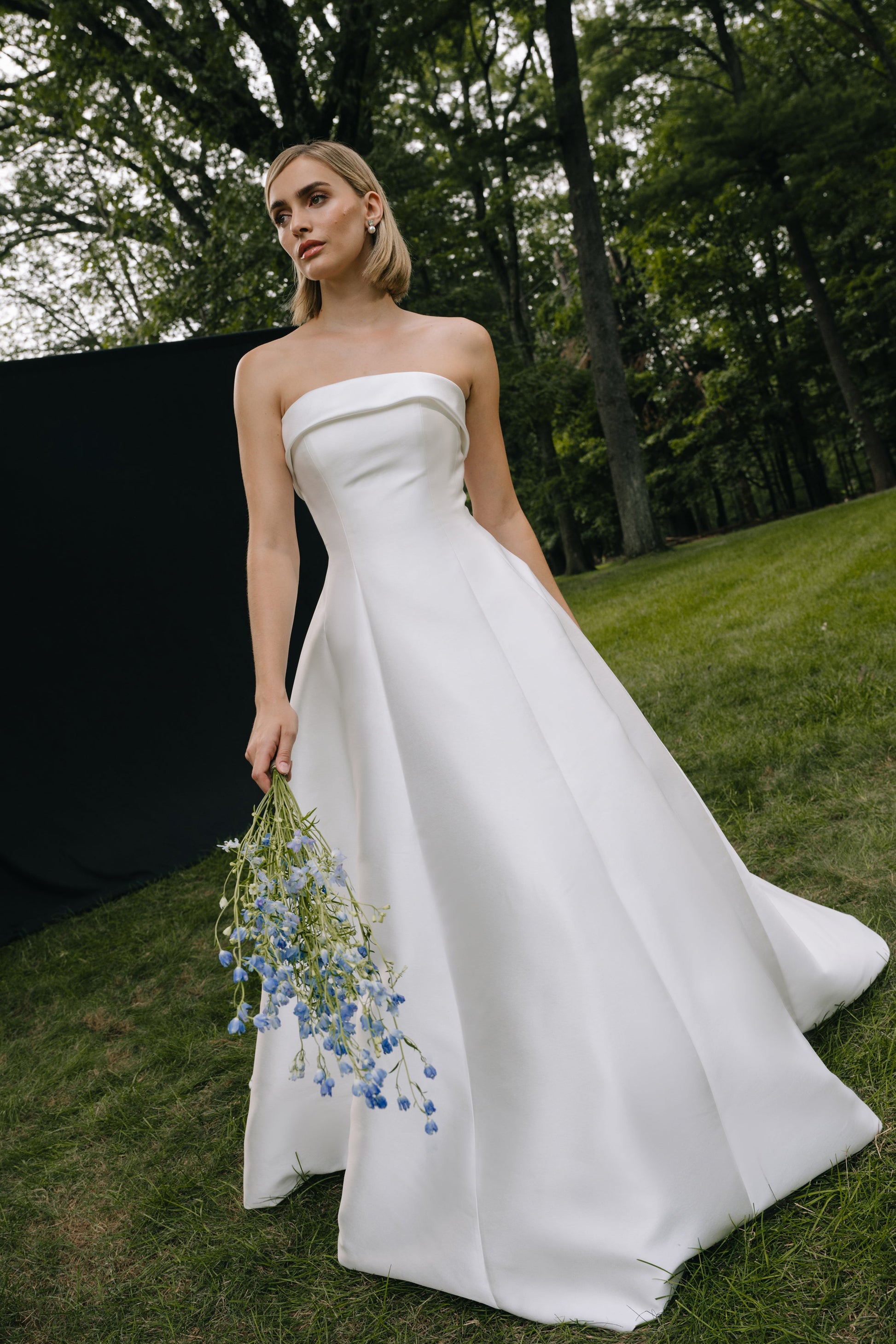 Minimalist Ballgown Strapless Sleeveless Button Back Cathedral Train Wedding Dress