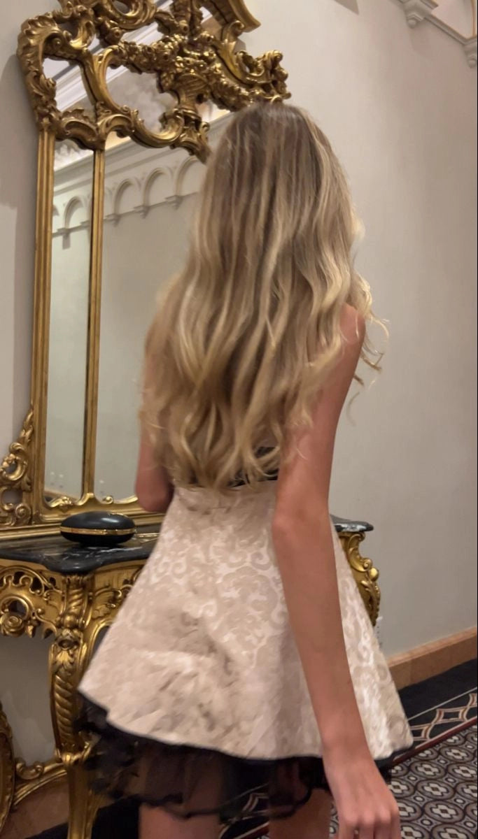 Vedress off white jacquard mini dress strapless black sash homecoming gown rear view