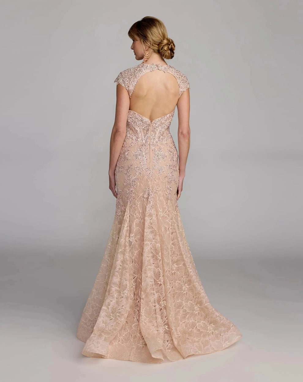 Vedress blush lace mermaid mother of the bride dress with cap sleeves and open cutout back