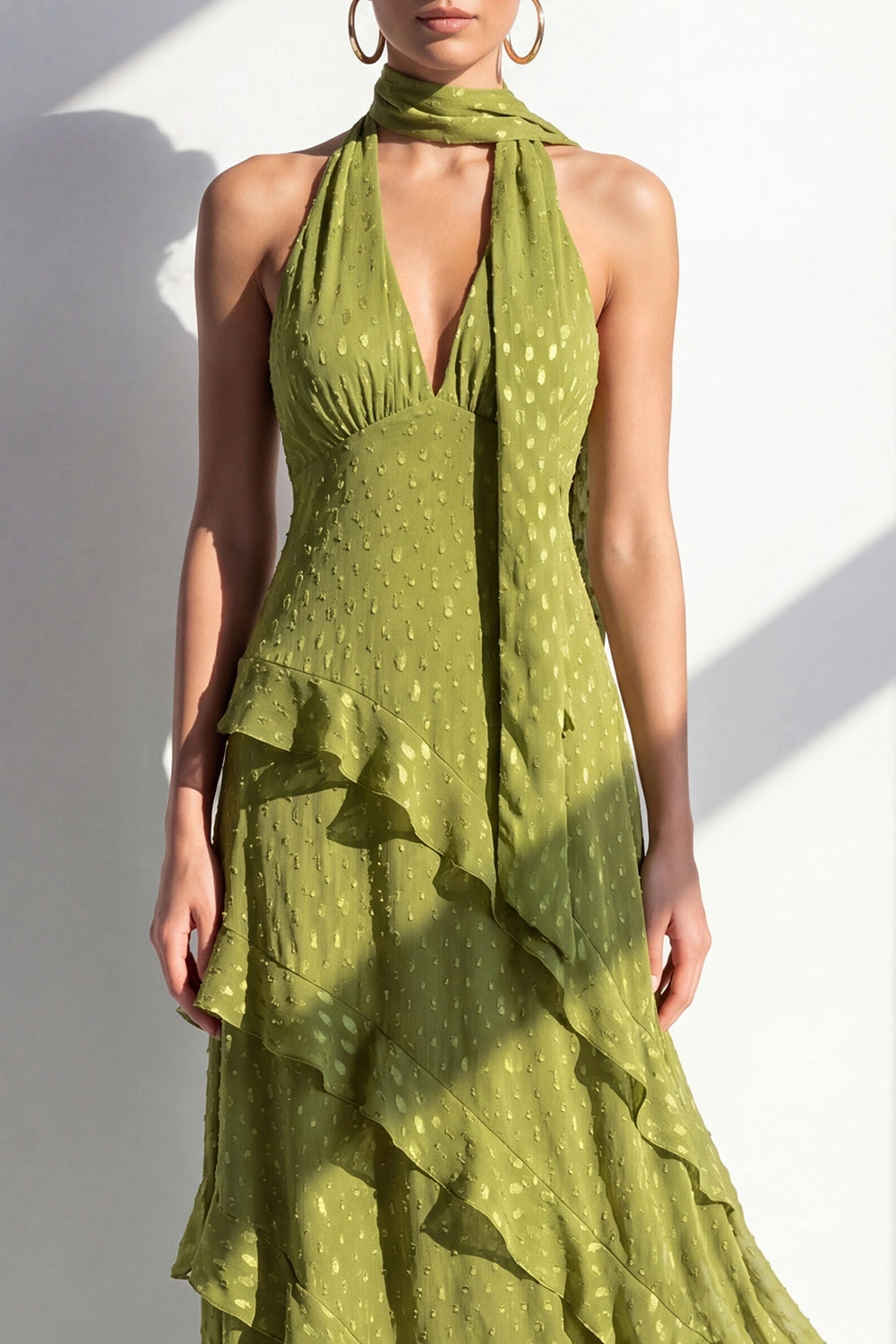Flowy A Line Halter Open Back Sleeveless Zip Up Maxi Wedding Guest Dress