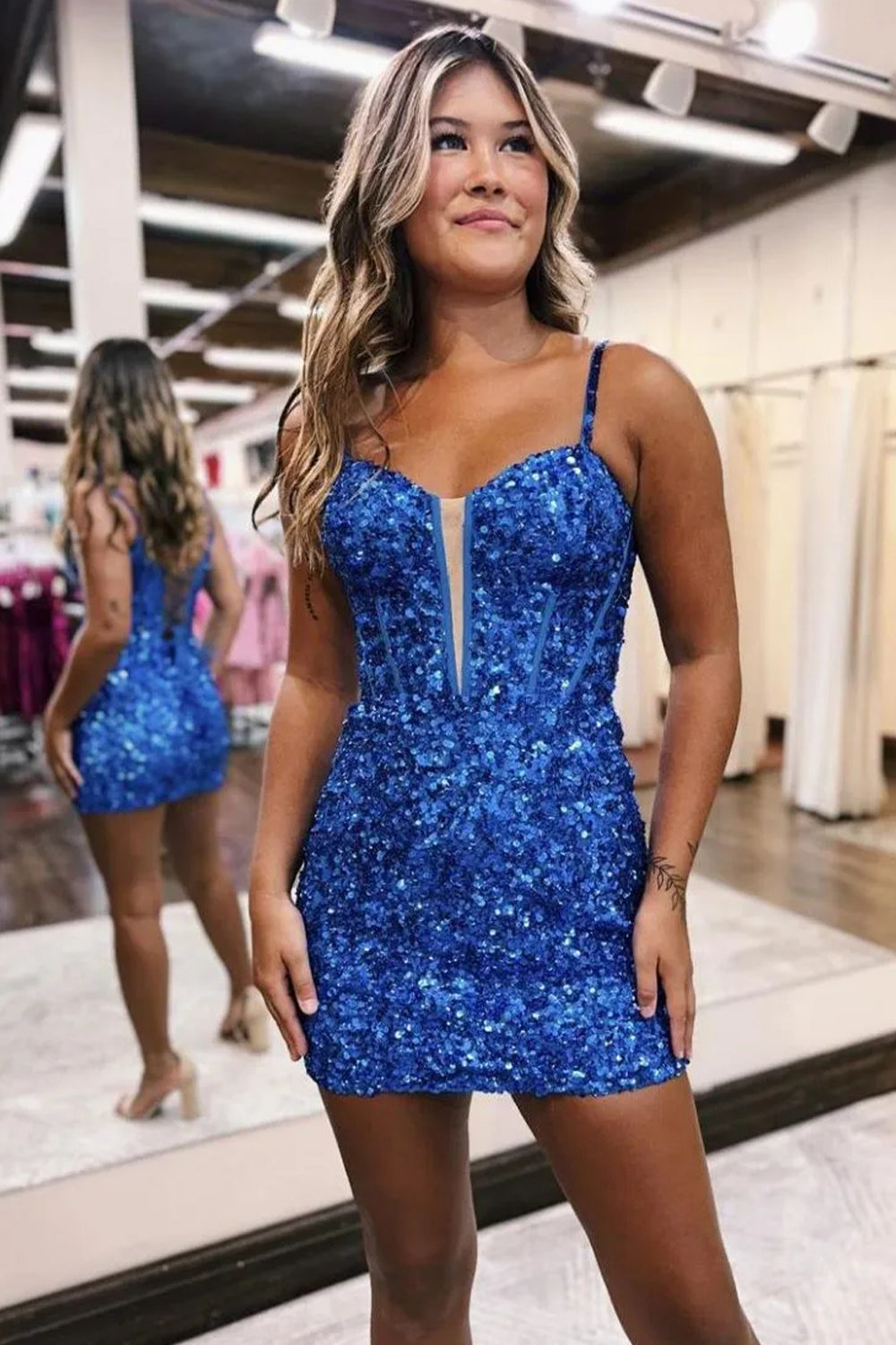 Full Sequin Bodycon Thin Strap V Mesh Corset Zip Mini Homecoming Dress