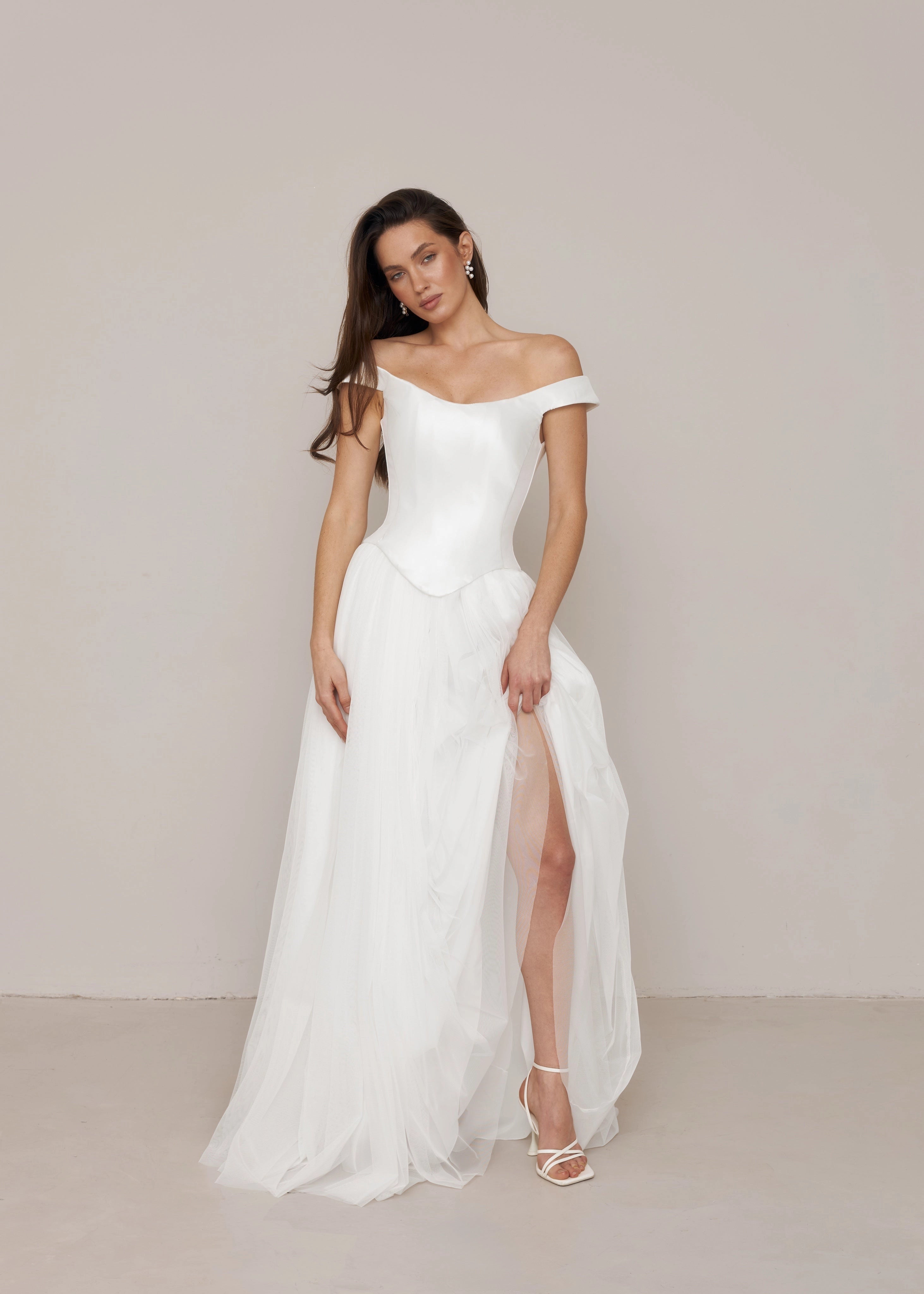 Vedress minimalist satin a line wedding dress off shoulder cap sleeve floor length simple bridal gown for elopement wedding