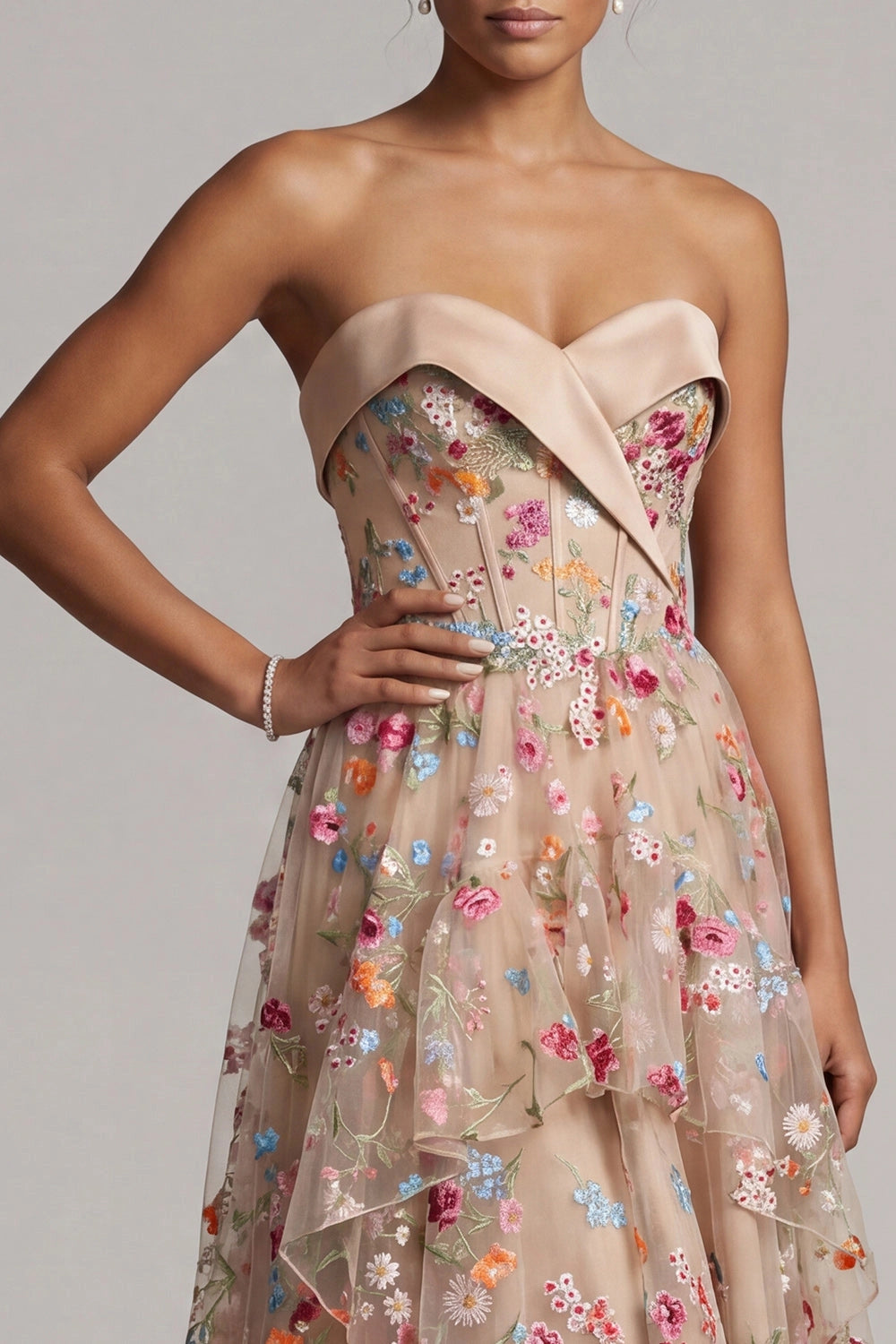 Floral High Low Strapless Zipper Back Maxi Wedding Guest Dress