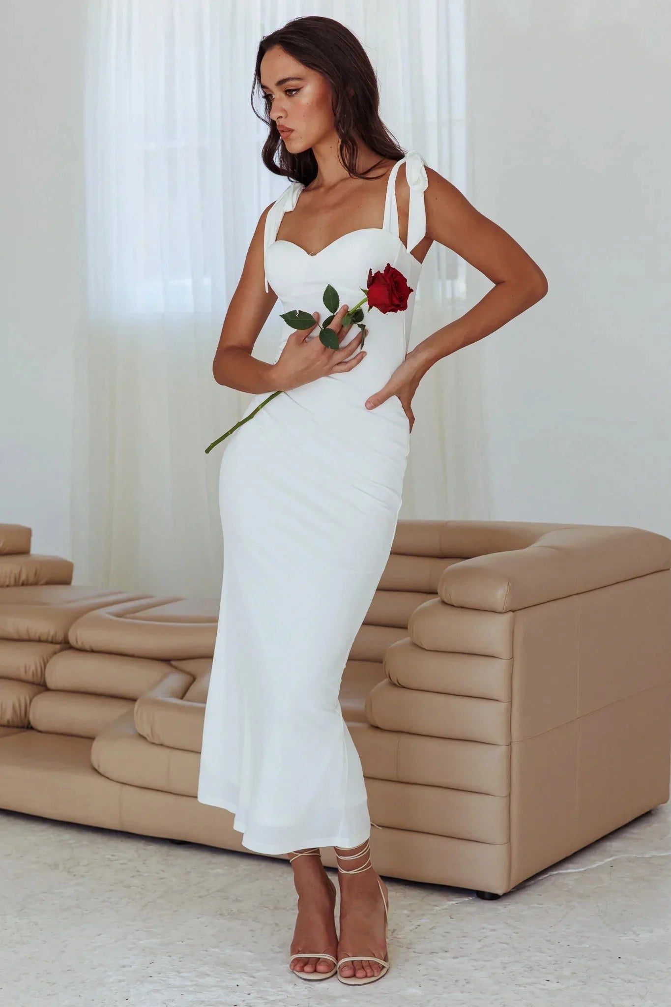 Romantic Sheath Sweetheart Sleeveless Bow Strap Midi Wedding Dress