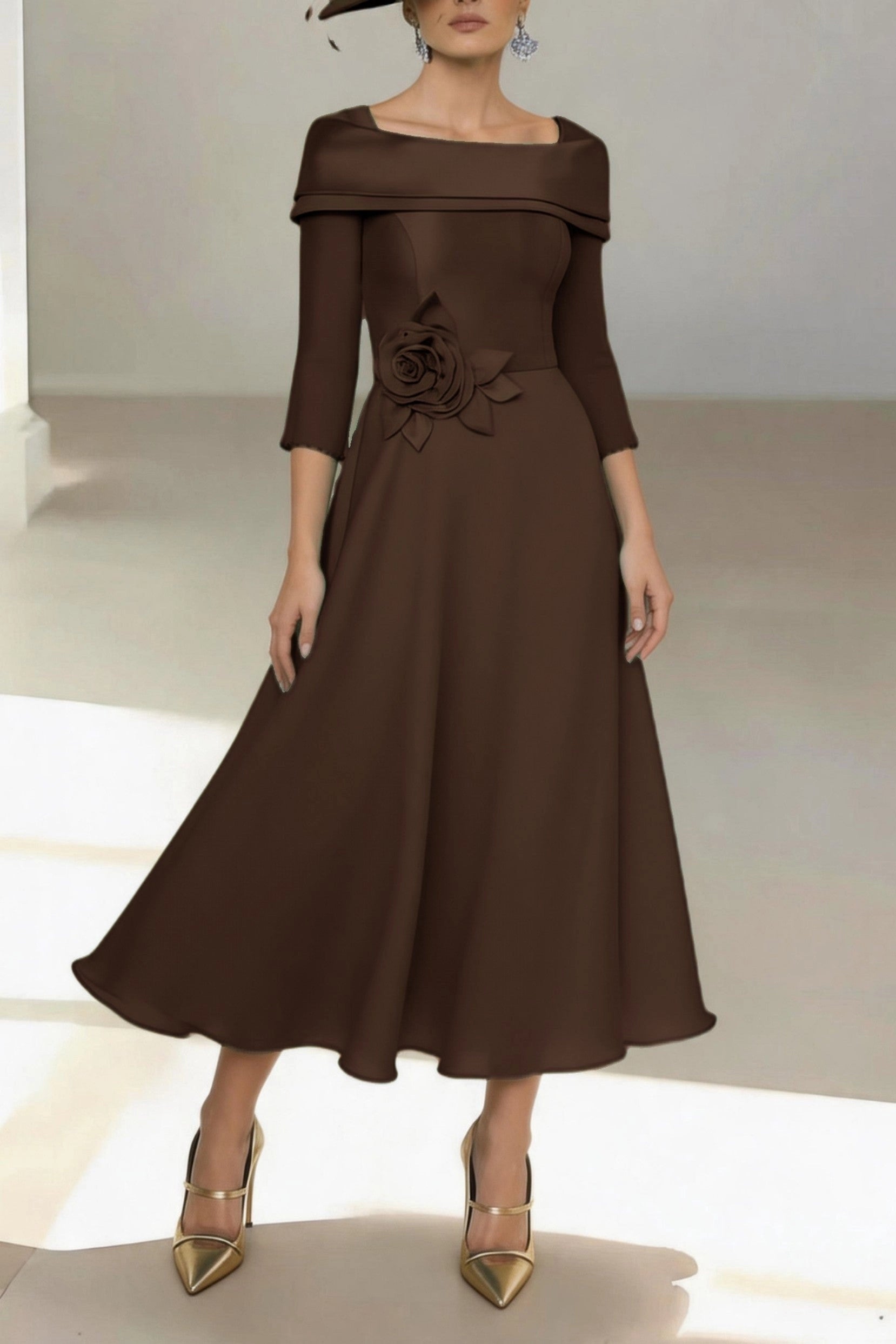 Vintage A-Line Off Shoulder 3/4 Sleeve Zip Back Midi Mother Of The Bride Dress