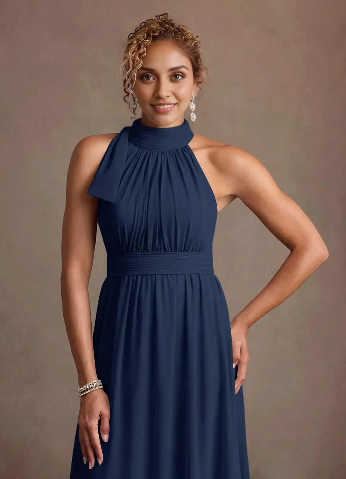 Sophisticated A-line Halter-neck Sleeveless Chiffon Floor-length Ruched-bodice Bow-neck Evening Gown