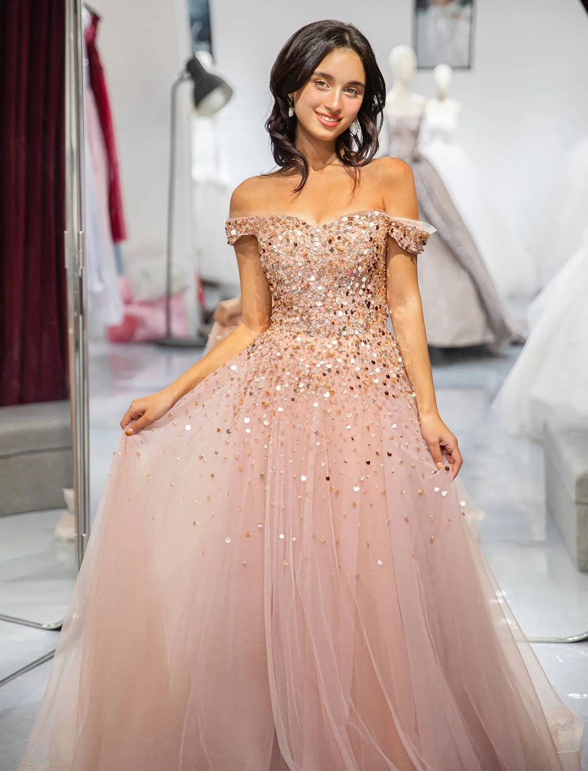 Blush A-line Off Shoulder Sequin Tulle Long Evening Dress