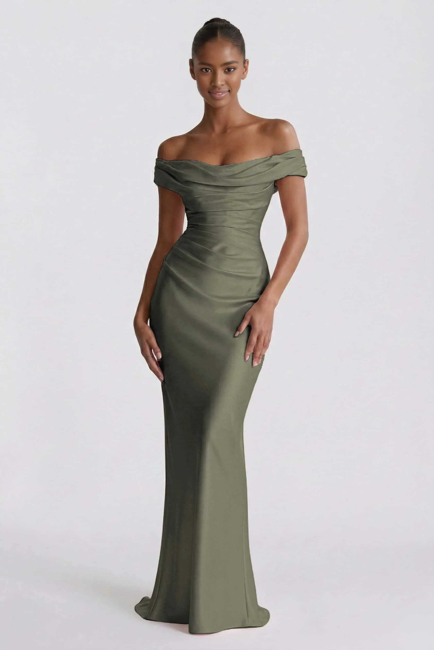 Sheath Off-the-Shoulder Short Sleeve Satin Ruched Lace-Up Evening Dress