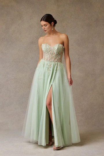 Whimsical A-Line Sweetheart Strapless Tulle Long Floral Slit Prom Dress