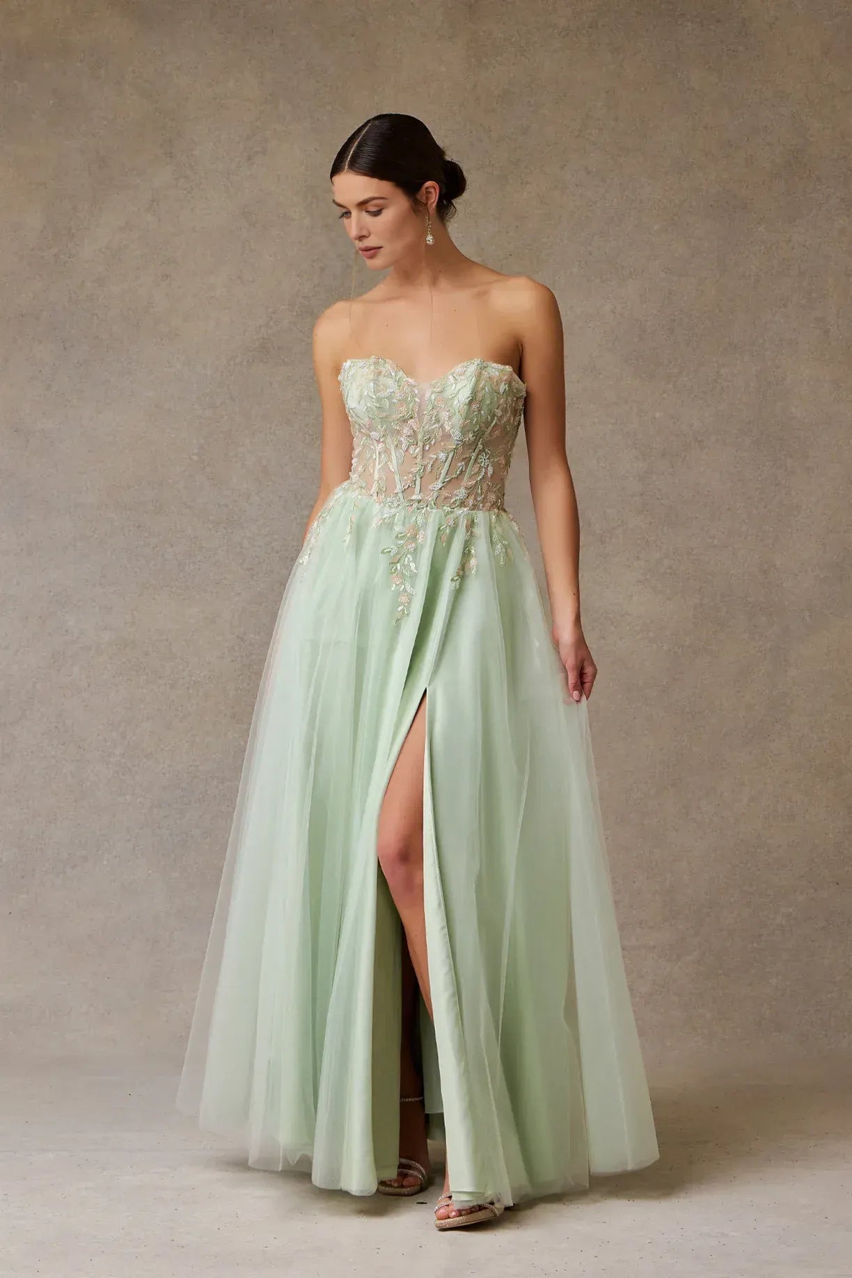 Whimsical A-Line Sweetheart Strapless Tulle Long Floral Slit Prom Dress