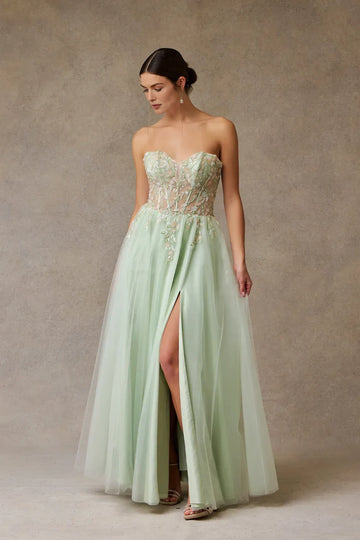 Whimsical A-Line Sweetheart Strapless Tulle Long Floral Slit Prom Dress