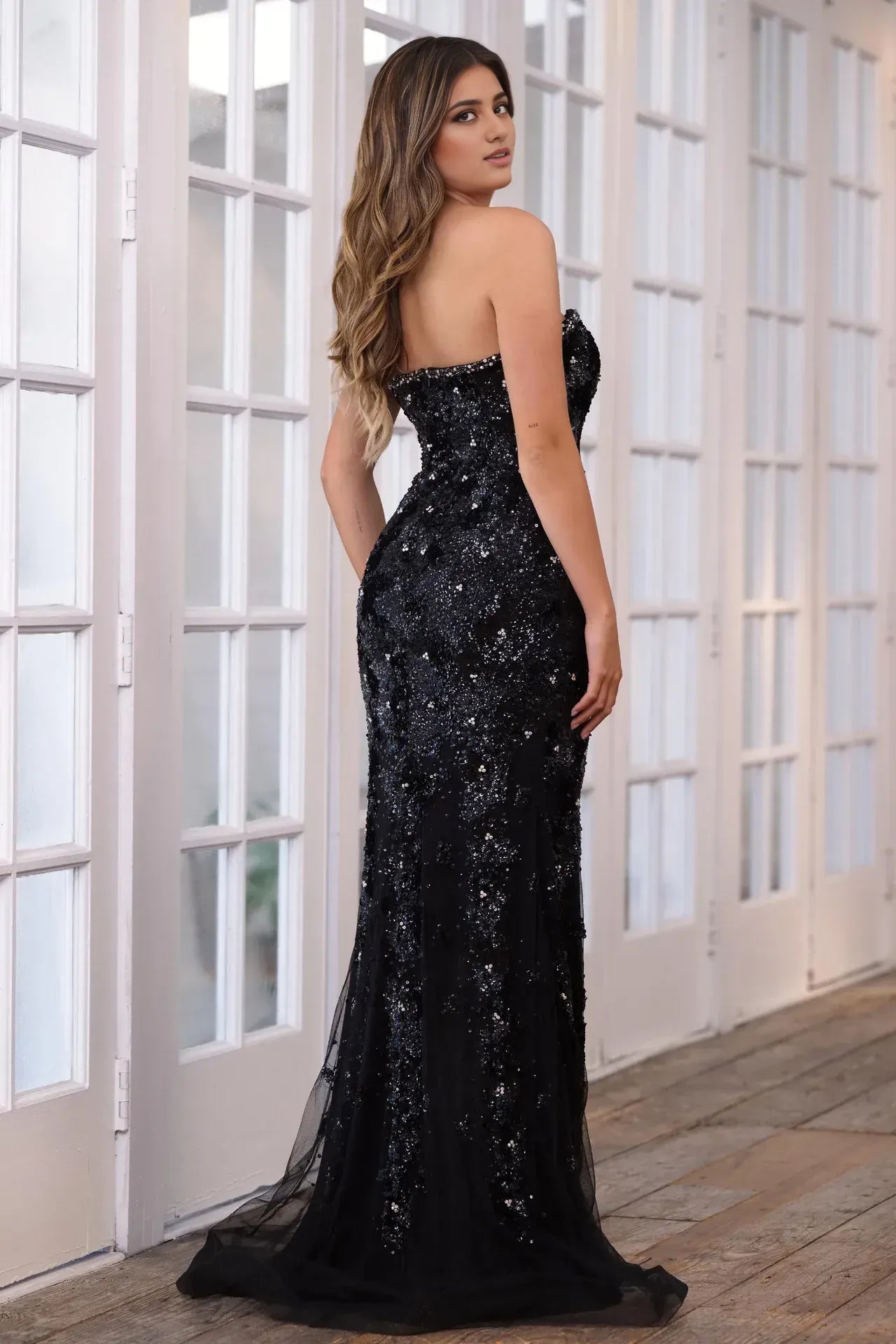 Elegant Sheath Strapless Sequin Lace Rhinestone Trim High Slit Floor Length Prom Dress