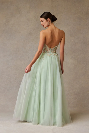 Whimsical A-Line Sweetheart Strapless Tulle Long Floral Slit Prom Dress