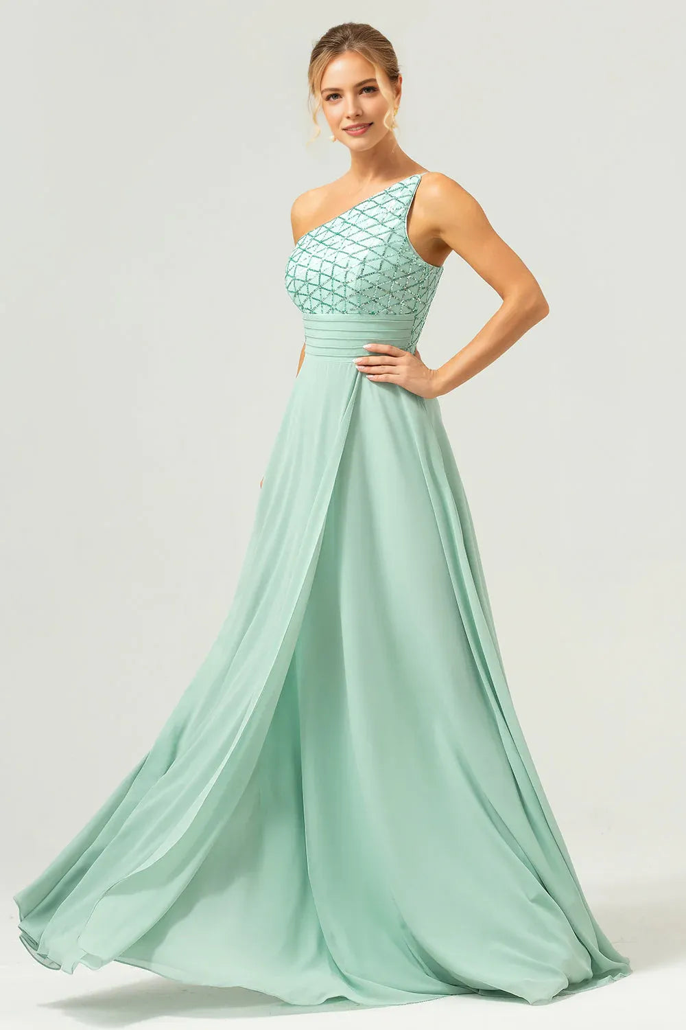 Radiant A-Line One-Shoulder Sleeveless Chiffon Beaded Bodice Pleated Waist Formal Evening Dress