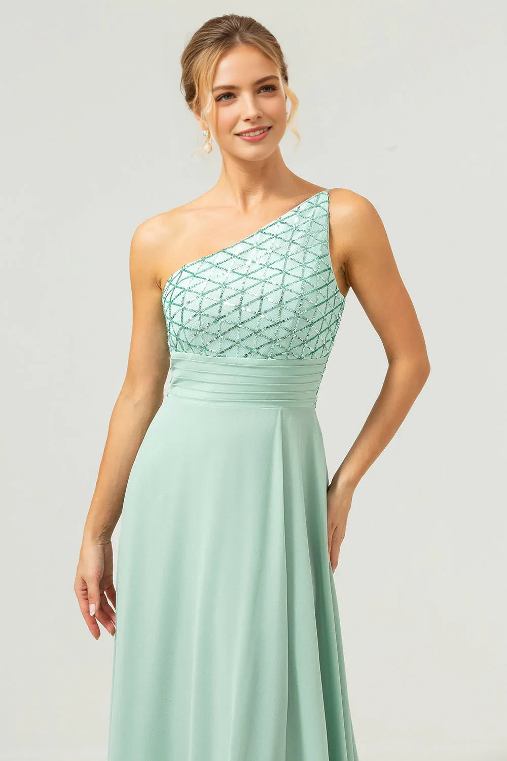 Radiant A-Line One-Shoulder Sleeveless Chiffon Beaded Bodice Pleated Waist Formal Evening Dress