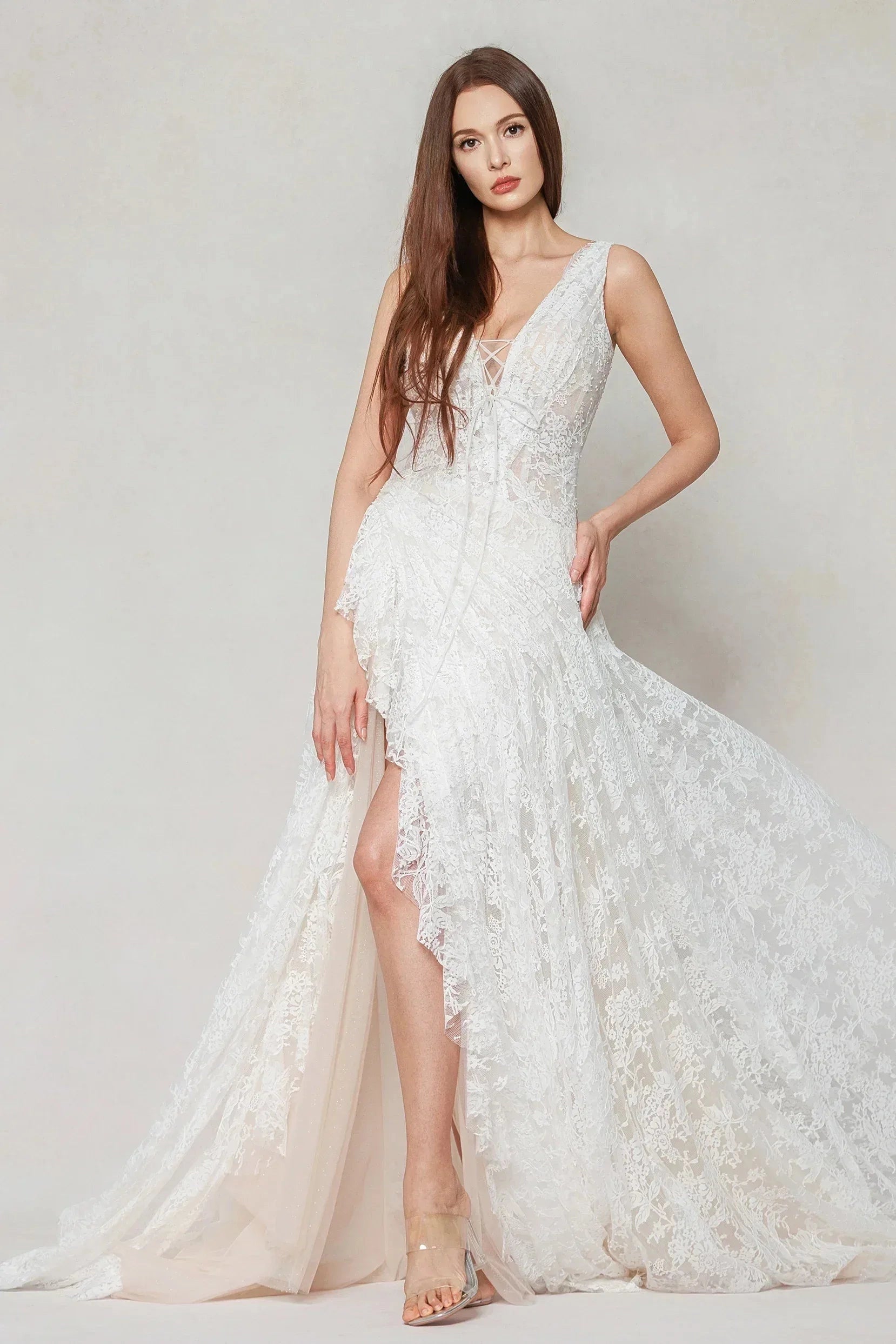 Romantic A-Line V Neck Sleeveless Zip Back Lace Wedding Dress With Train