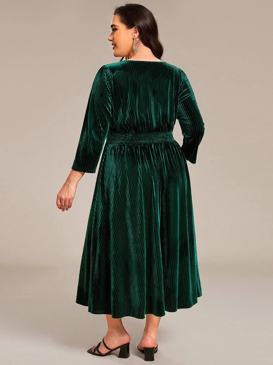 Luxury A‑Line V‑Neck 3/4 Sleeve Plain‑Back Midi Plus Size Mother Of The Bride Dress