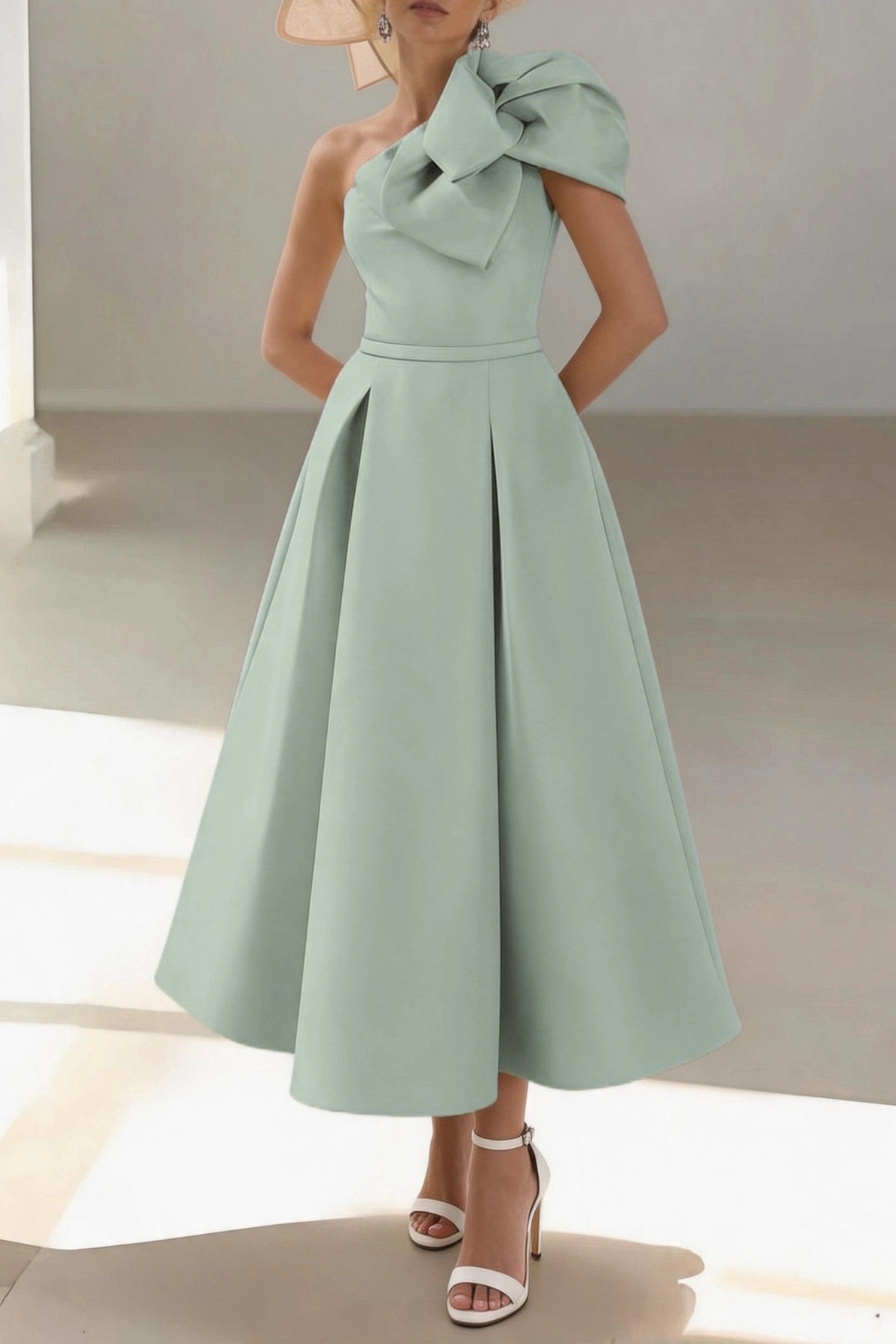 Elegant A-Line One Shoulder Sleeveless Zip Back Midi Mother Of The Bride Dress