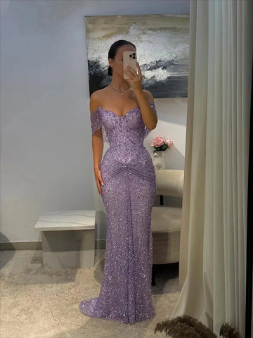 Vedress lavender sequin off shoulder sweetheart mermaid prom dress