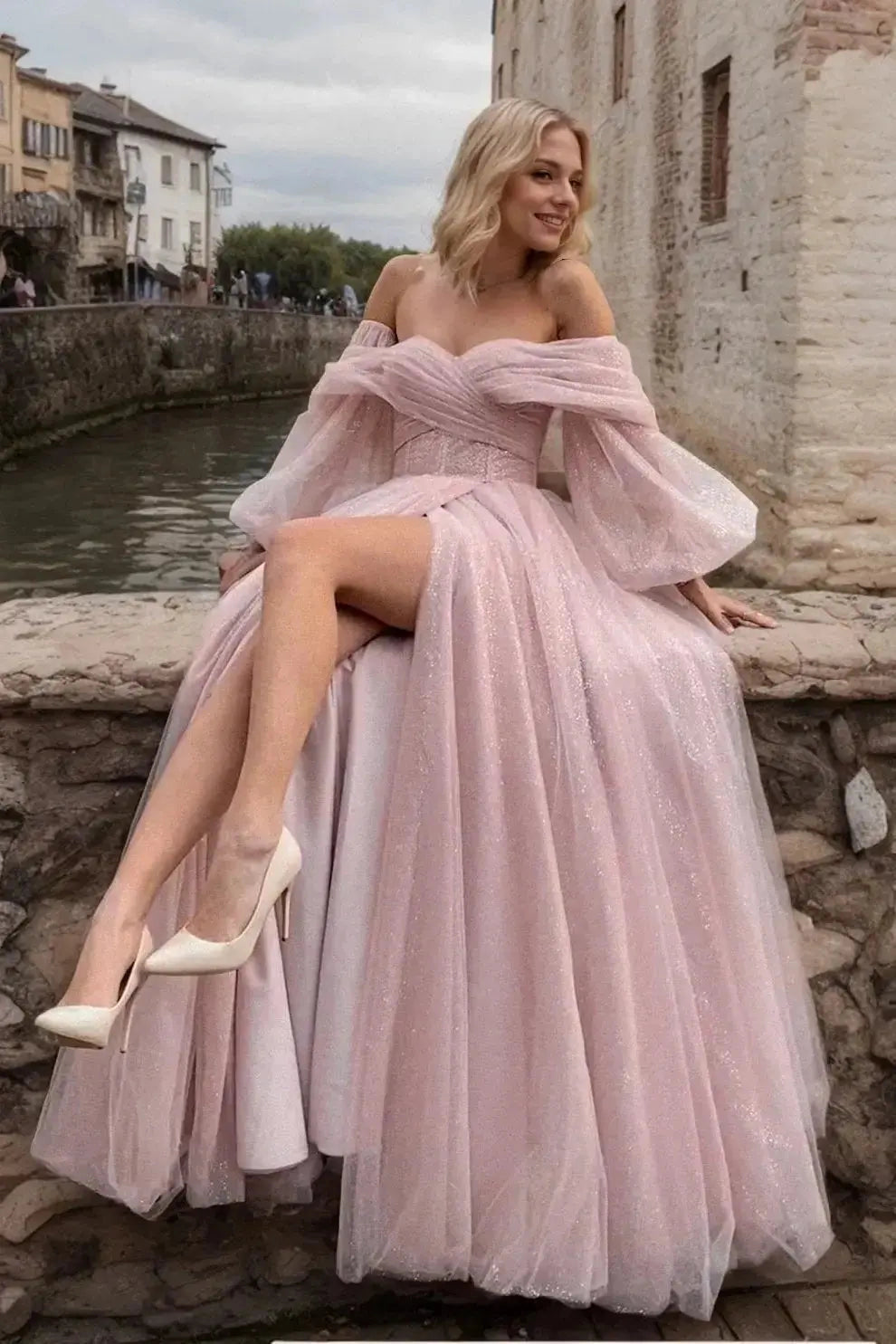 Glitter A‑Line Off‑The‑Shoulder Puff Sleeve Zip‑Back Floor Prom Dress