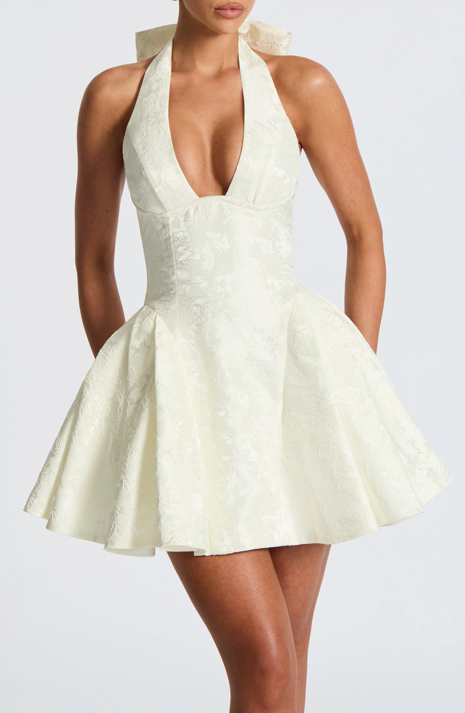 Cream A Line Halter Lace Up Back Bow Mini Homecoming Dress