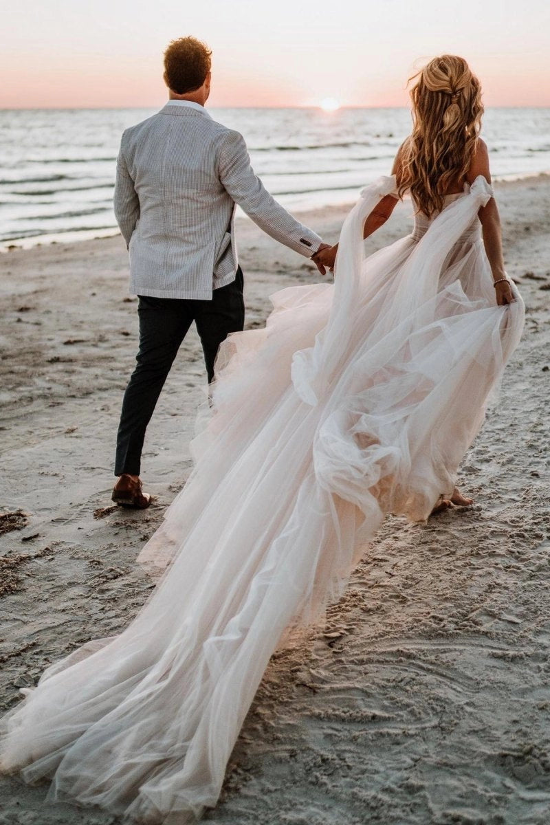 Dreamy A-Line Sweetheart Off Shoulder Bow Sleeve Lace Up Back Train Wedding Prom Dress