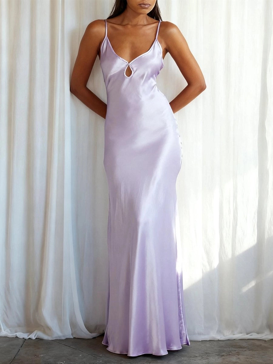 Sleek Slip V‑Neck Spaghetti‑Strap Tie‑Back Long Prom Dress