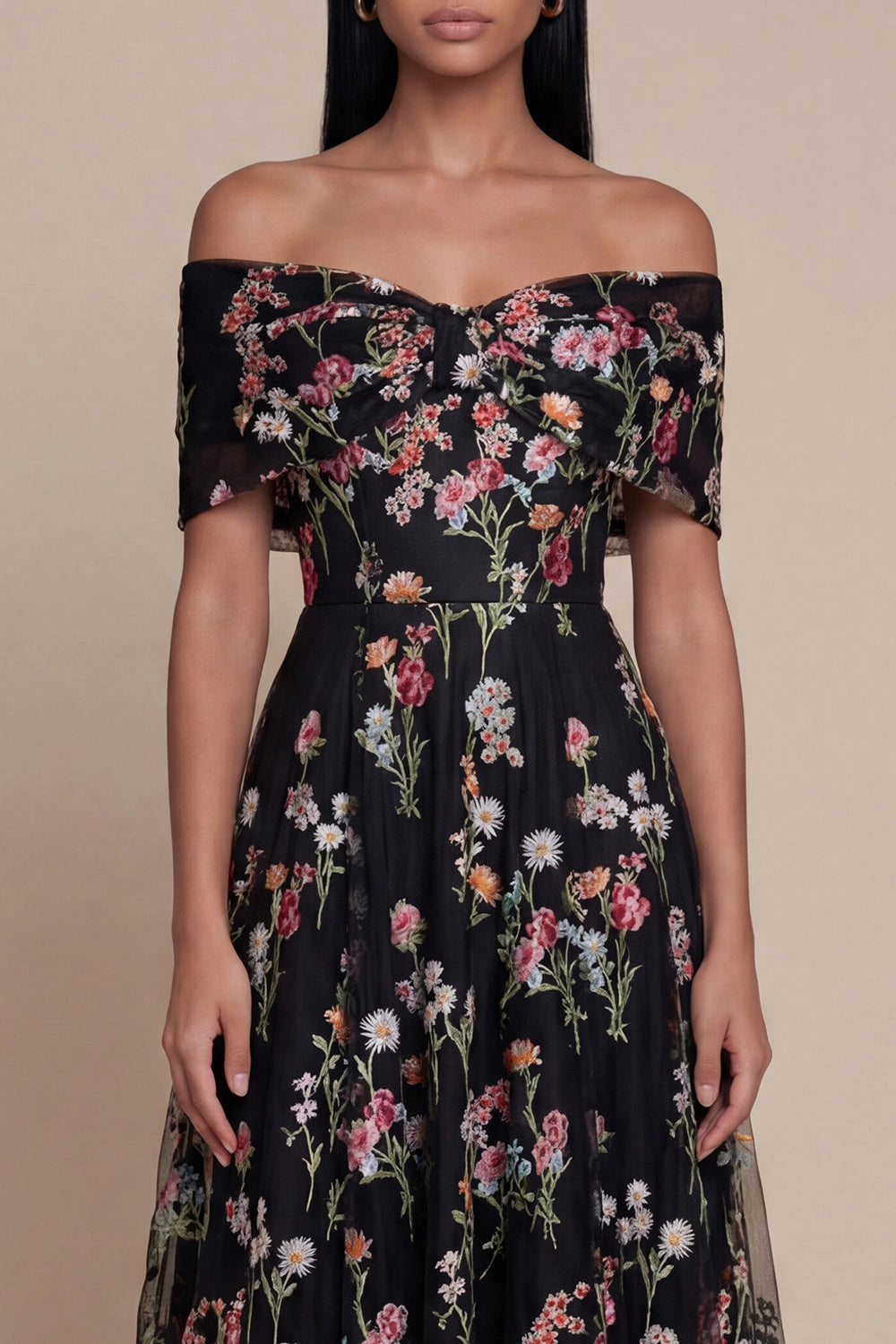 Off Shoulder Colorful Floral Embroidered Tulle Midi Wedding Guest Dress