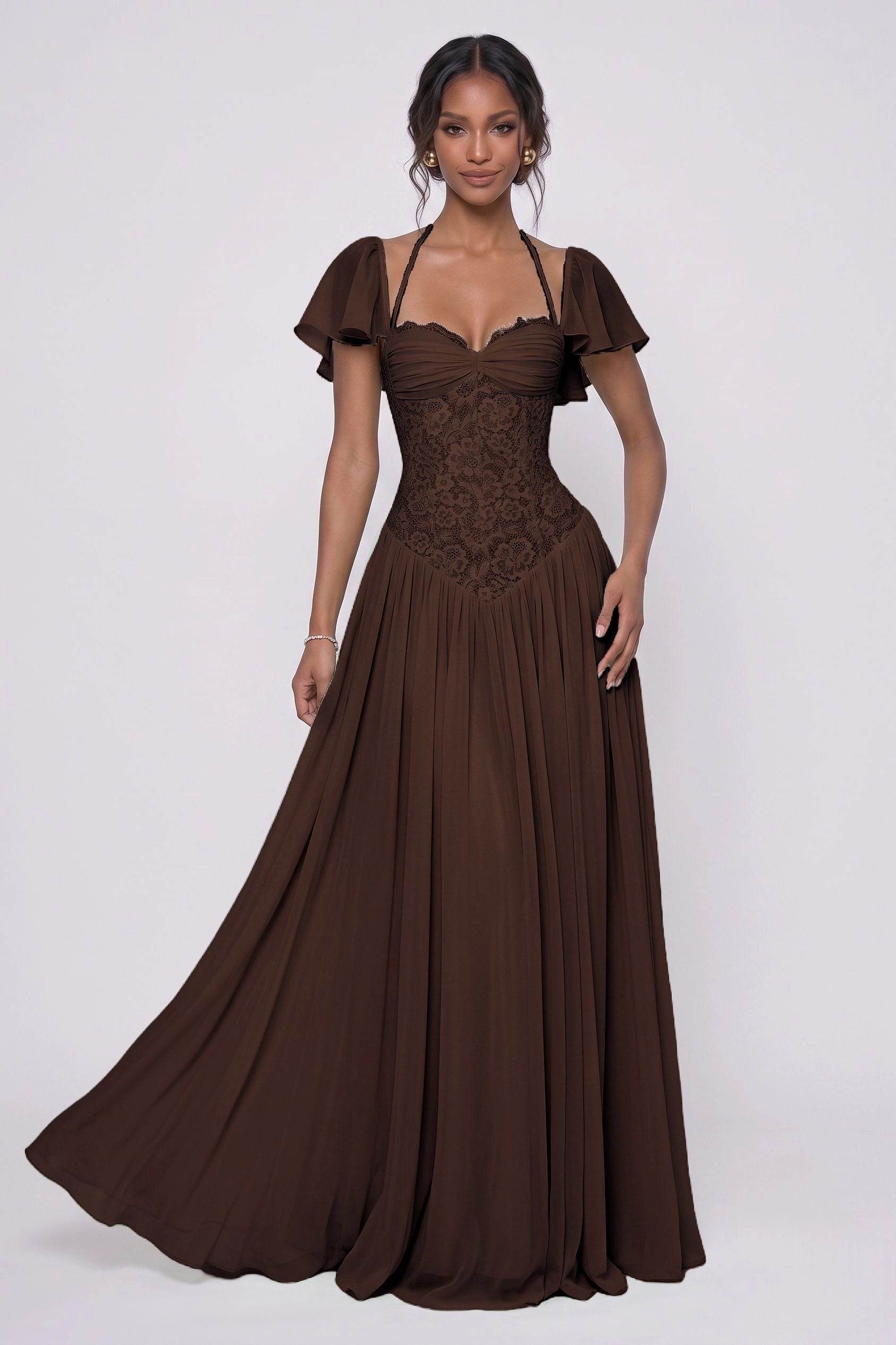 Romantic A-Line Sweetheart Flutter Sleeves Lace-Up Back Floor-Length Wedding Guest Dress